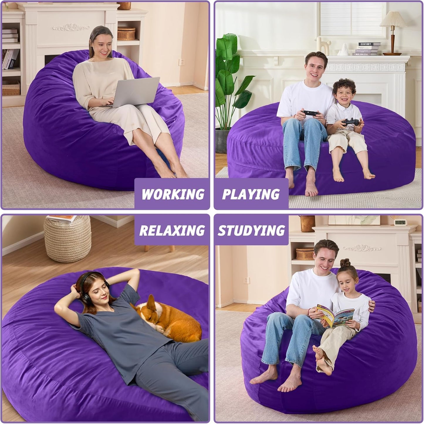7FT Bean Bag Chair with Ultra Soft Velvet Cover Bean Bag Sofar with Memory Foam Bean Bag Chairs with Large Size Lazy Sofa for Dorm Office Living Room Bedroom Purple 7'