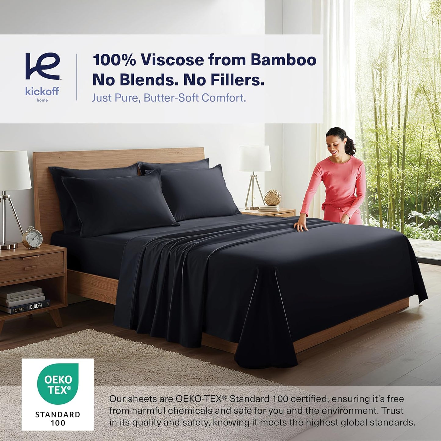 Kickoff Viscose Bamboo Sheets Full Size 4-pc 100% Organic Bamboo Viscose Bed Cooling Sheets Full Size Set Cool Bedding for hot Sleepers Sheet, Flat, Fitted, Pillowcases (Onyx Black, F)