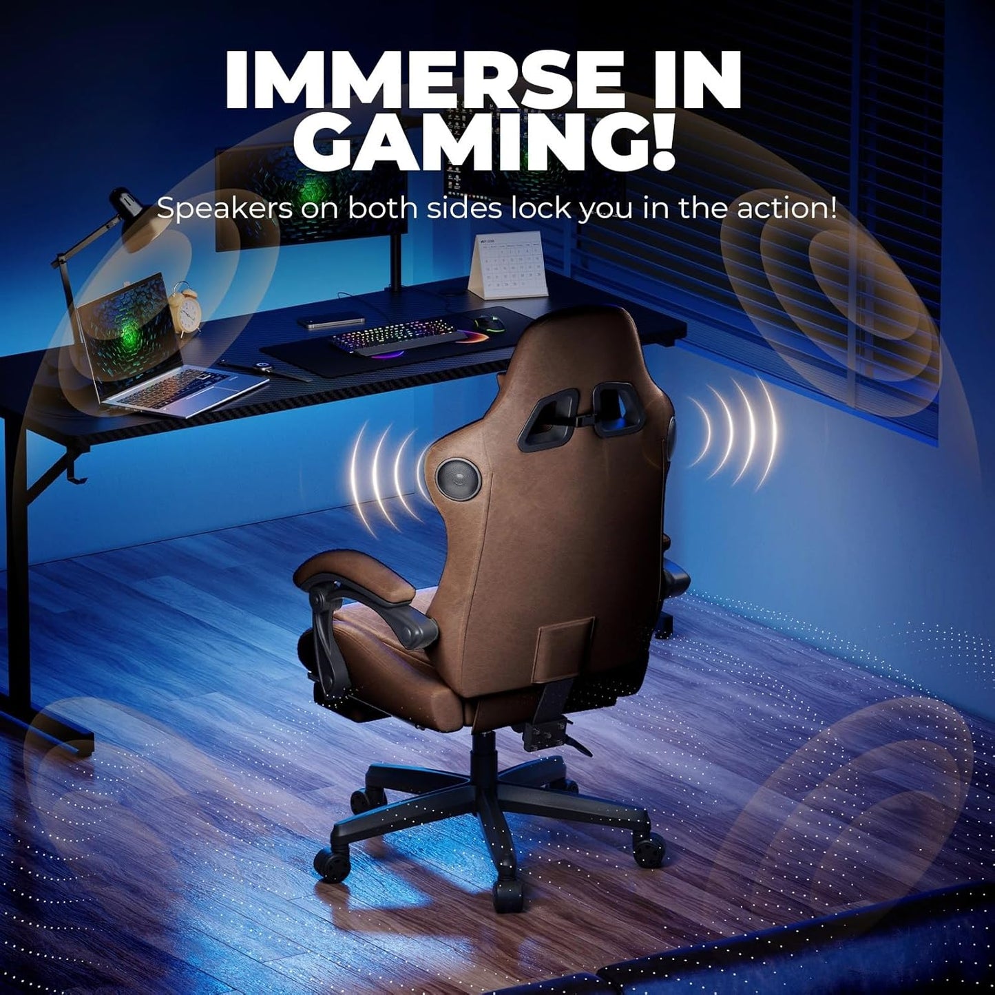 GTPLAYER ACE-PRO Music Gaming Chairs – Built-in Speakers, App Support & Bluetooth Control, Footrest & Pocket, Gamer Chair for Adults, Light Brown