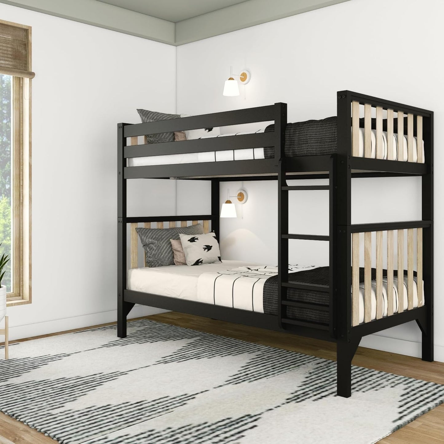 Max & Lily Bunk Bed, Scandinavian Modern Bunk Bed, Solid Wood Twin-Over-Twin Bed Frame for Kids, No Box Spring Needed, Black/Blonde