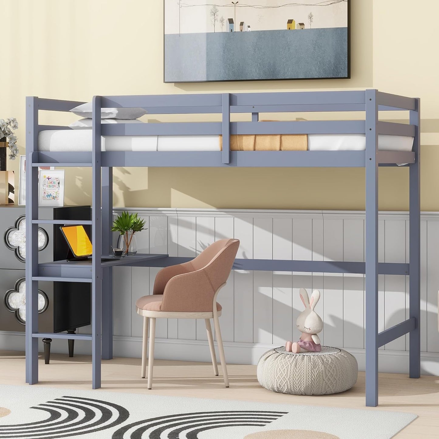 HomSof Full Loft Bed with Desk and Shelves,Gray