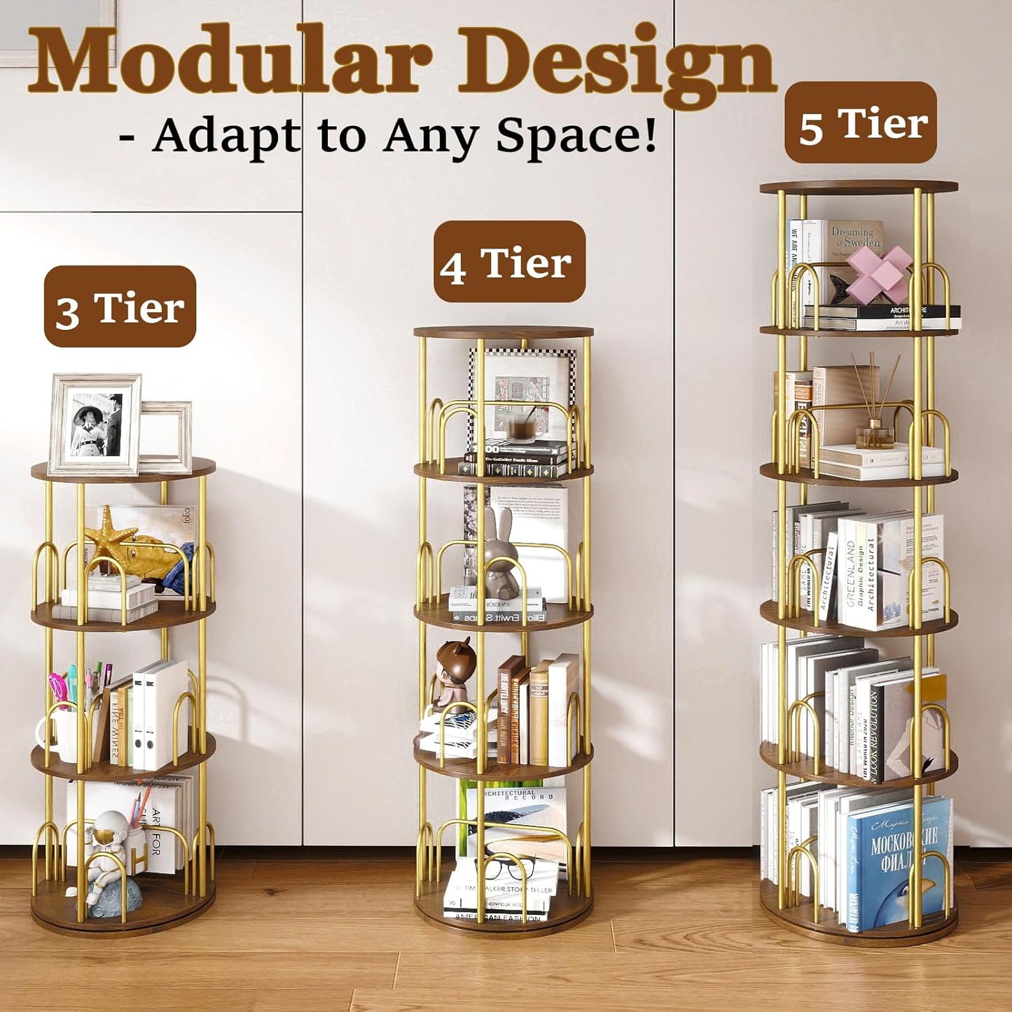 5-Tier Rotating Bookshelf, 360° Round Spinning Book Shelf Tower, Tall Skinny Wood & Metal Bookshelf for Corner/Office/Home, Modern Industrial Vintage Style
