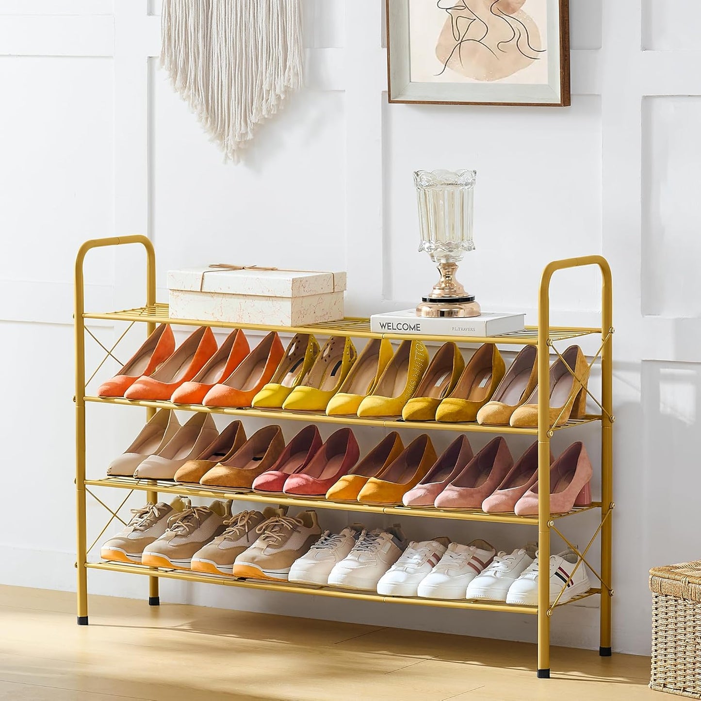 Hoctieon 4 Tier Mesh Style Shoe Rack, Entryway Shoe Shelf, Shoe Storage Organizer, Shoe Rack for Closet, Space Save for Bathroom, Garage, Hallway, Bedroom, Living Room, Gold