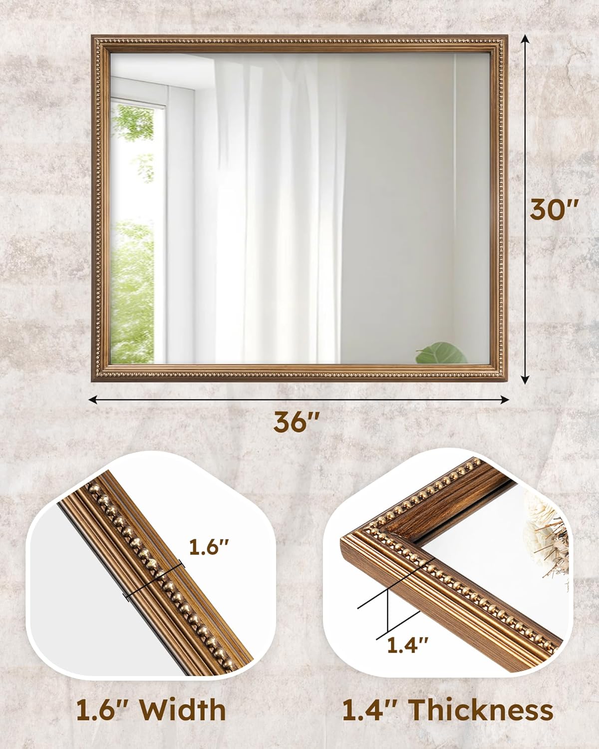 Axeman 30x36 Wood Wall Mirror, Rustic Bathroom Mirror, Vintage Wall Mounted Mirror Tempered Glass with Beaded Wooden Frame for Farmhouse Living Room Vanity Bedroom Entryway, Bronze