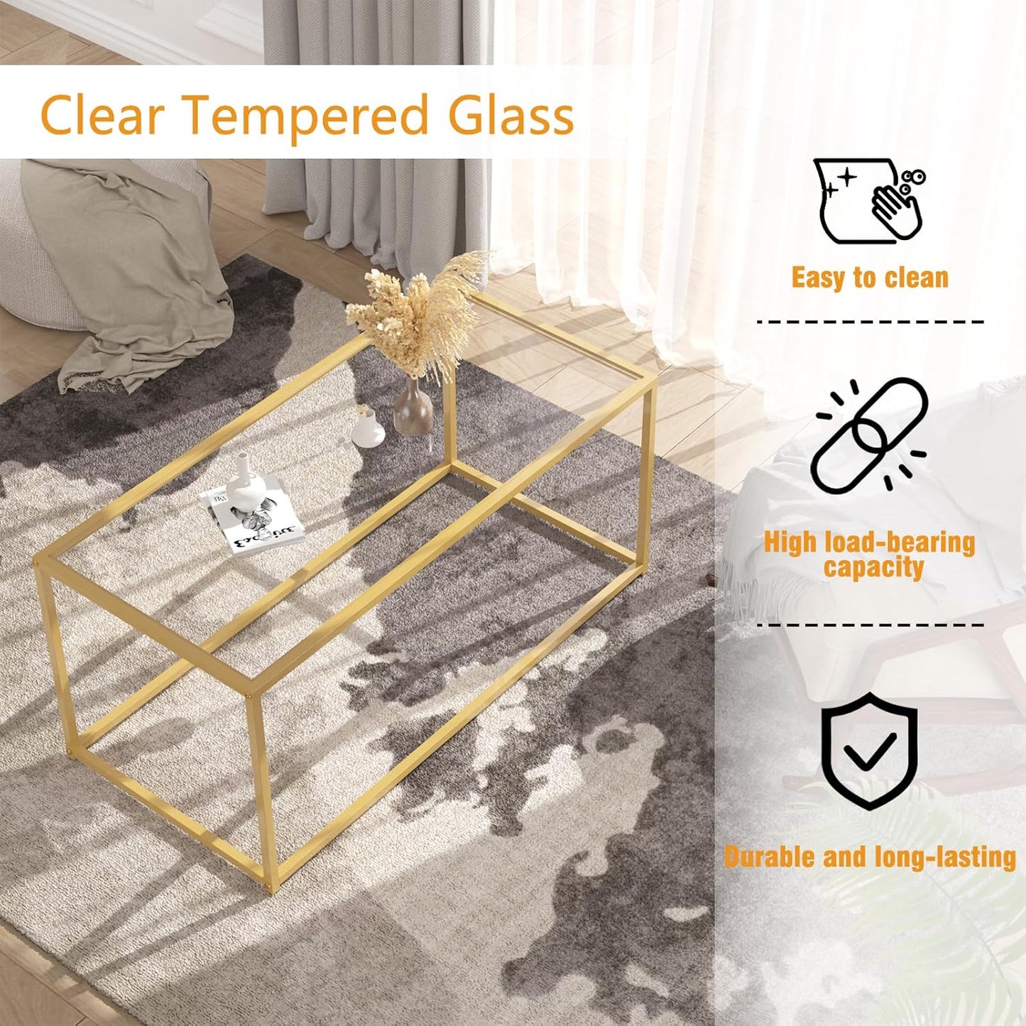 Tempered Glass Coffee Table - Minimalist Center Table for Living Room, Office - Modern Top With Sturdy Metal Frame & Open Storage - Easy Assembly, Gold