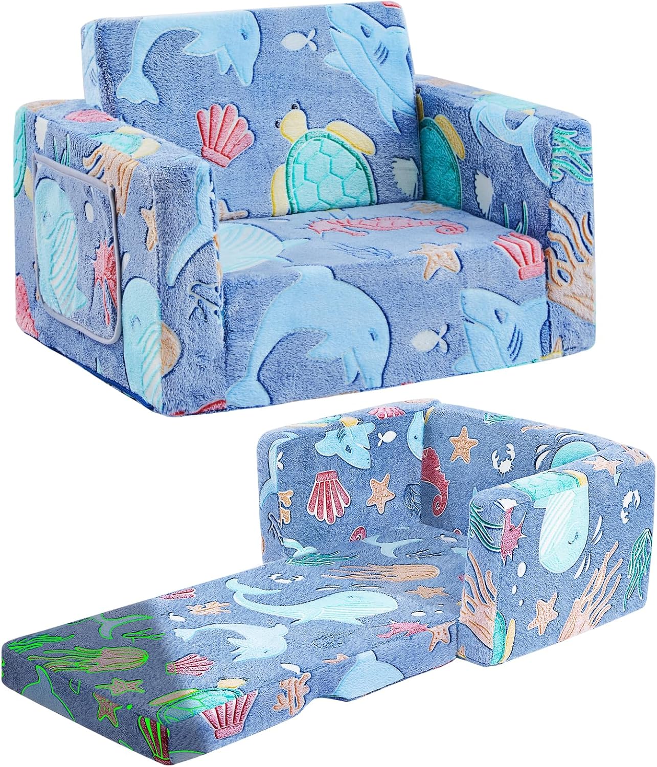 Toddler Chair Comfy,2-in-1 Soft Toddler Couch Fold Out for Kids,Convertible Sofa to Lounger,Gift for Girls and Boys Birthday,Ocean