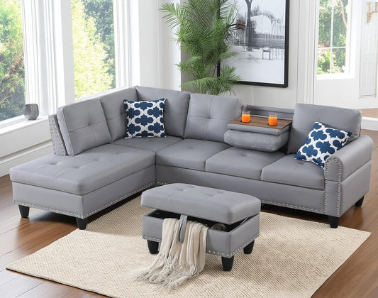 98 Inch L Shaped Sectional Sofa with Chaise Lounge, Storage Ottoman and 2 Pillows, 4-Seaters Faux Leather Upholstered Tufted Couch w/Cupholder & Nailhead Trim for Living Room, Office, Gray