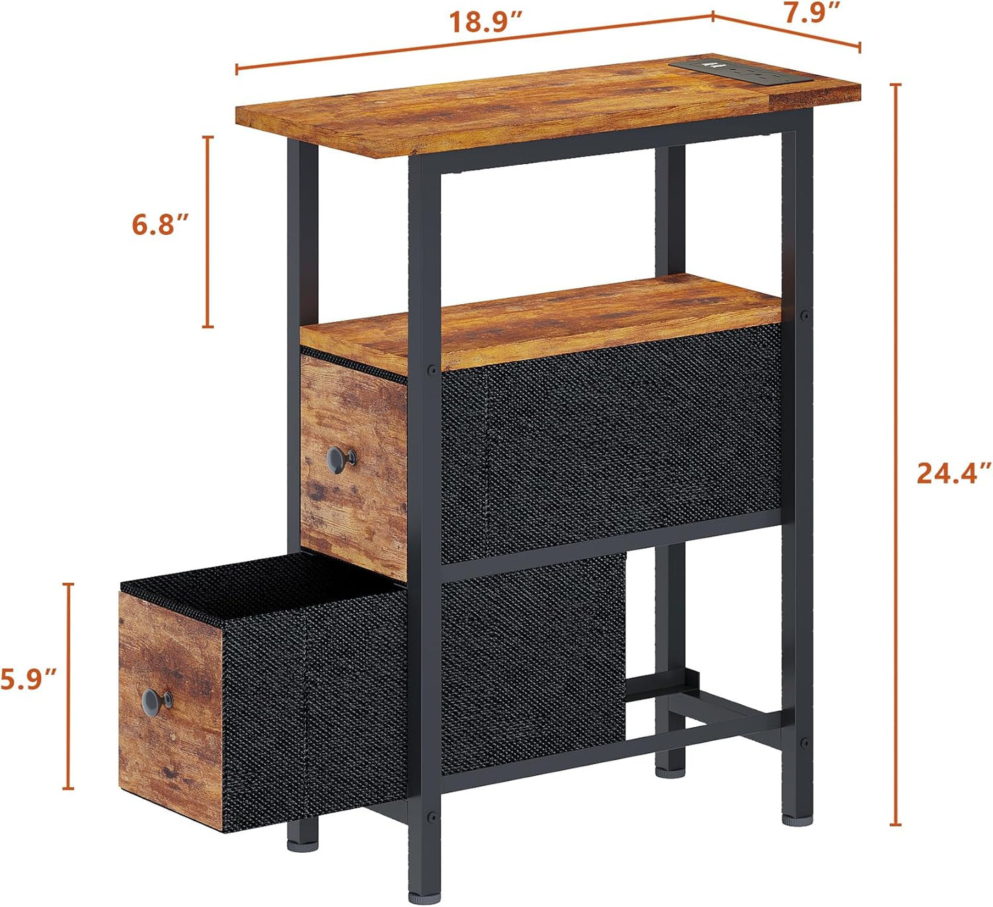 End Table Set 2 with Charging Station, Narrow Side Table with 2 Fabric Drawers, Skinny Nightstand with LED Light, Slim Bedside Table for Bedroom, Living Room, Small Spaces, Rustic Brown