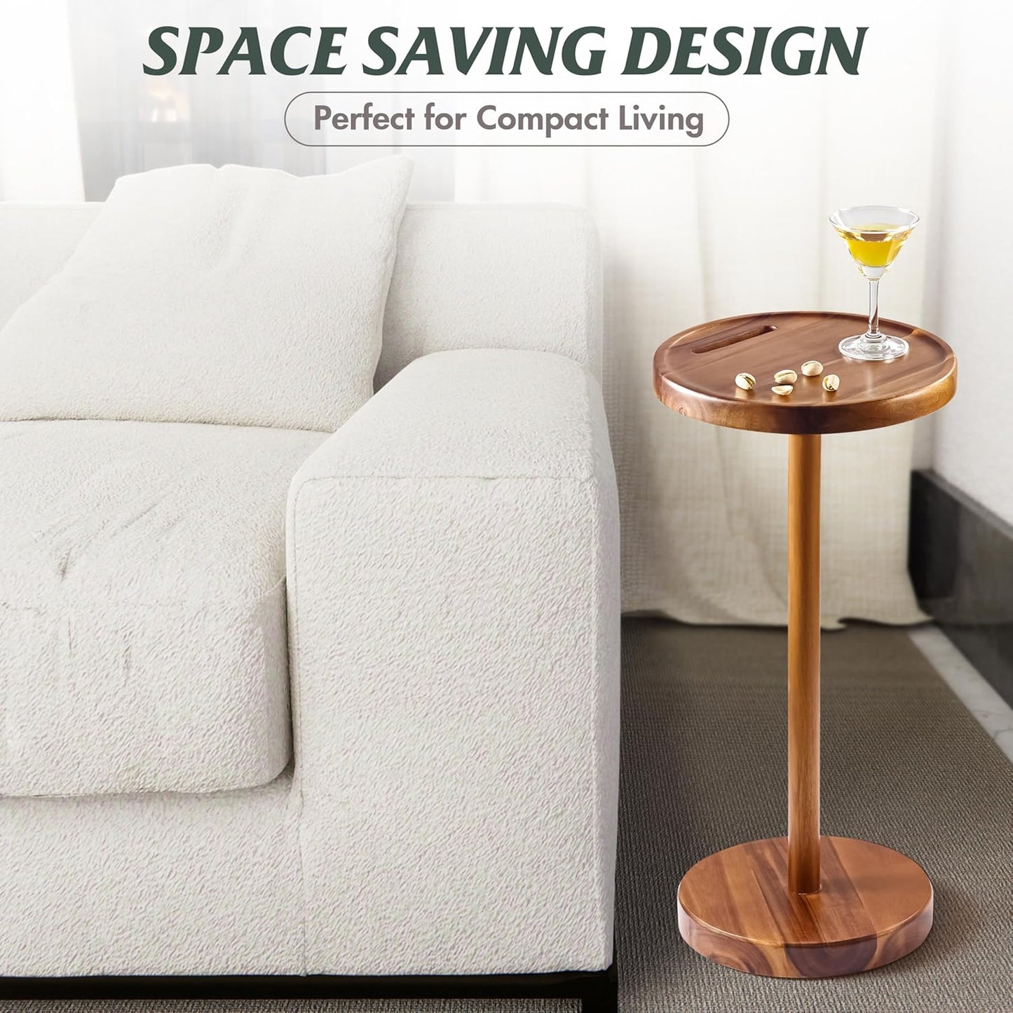 Drink Table, 24.4" Tall Compact Side Table with Phone Slot and Weighted Base, Durable Pedestal Table Accent for Living Room (Flat, Acacia)