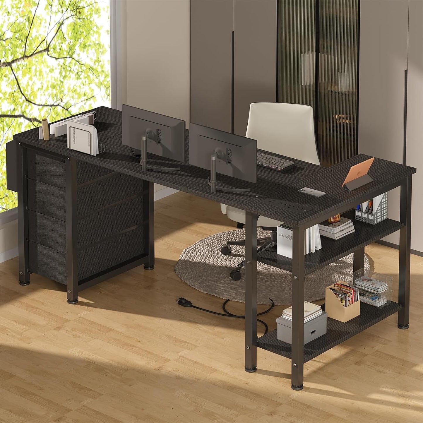 Lufeiya L Shaped Gaming Desk with Drawers & Storage Shelves, 55 Inch Corner Computer Desk with Power Outlet for Home Office Bedroom, L-Shaped Teen PC Desks with Fabric Drawer, Black