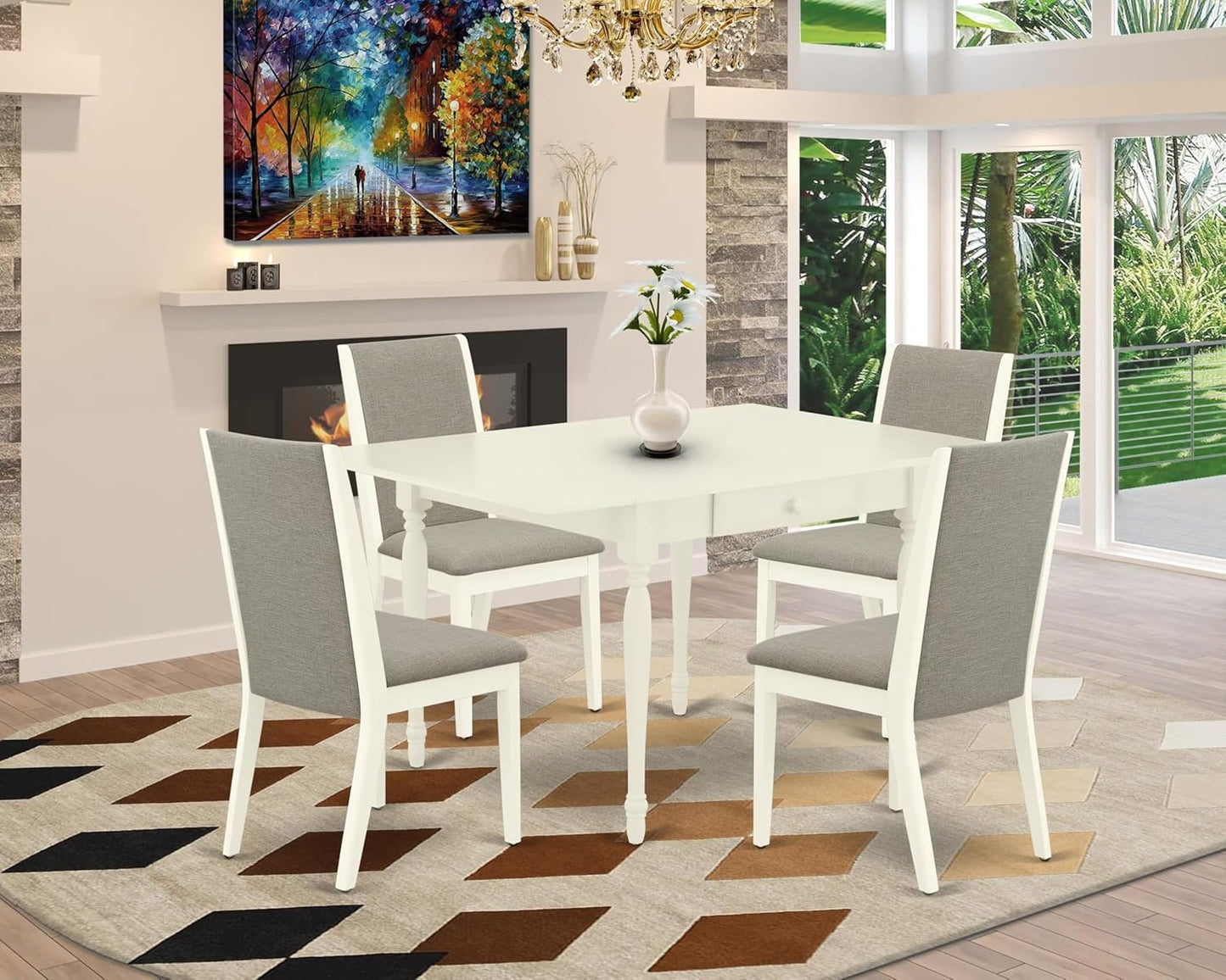 East West Furniture MZLA5-LWH-06 5 Piece Dining Table Set for 4 Includes a Rectangle Kitchen Table with Dropleaf and 4 Shitake Linen Fabric Parson Dining Chairs, 36x54 Inch, Linen White