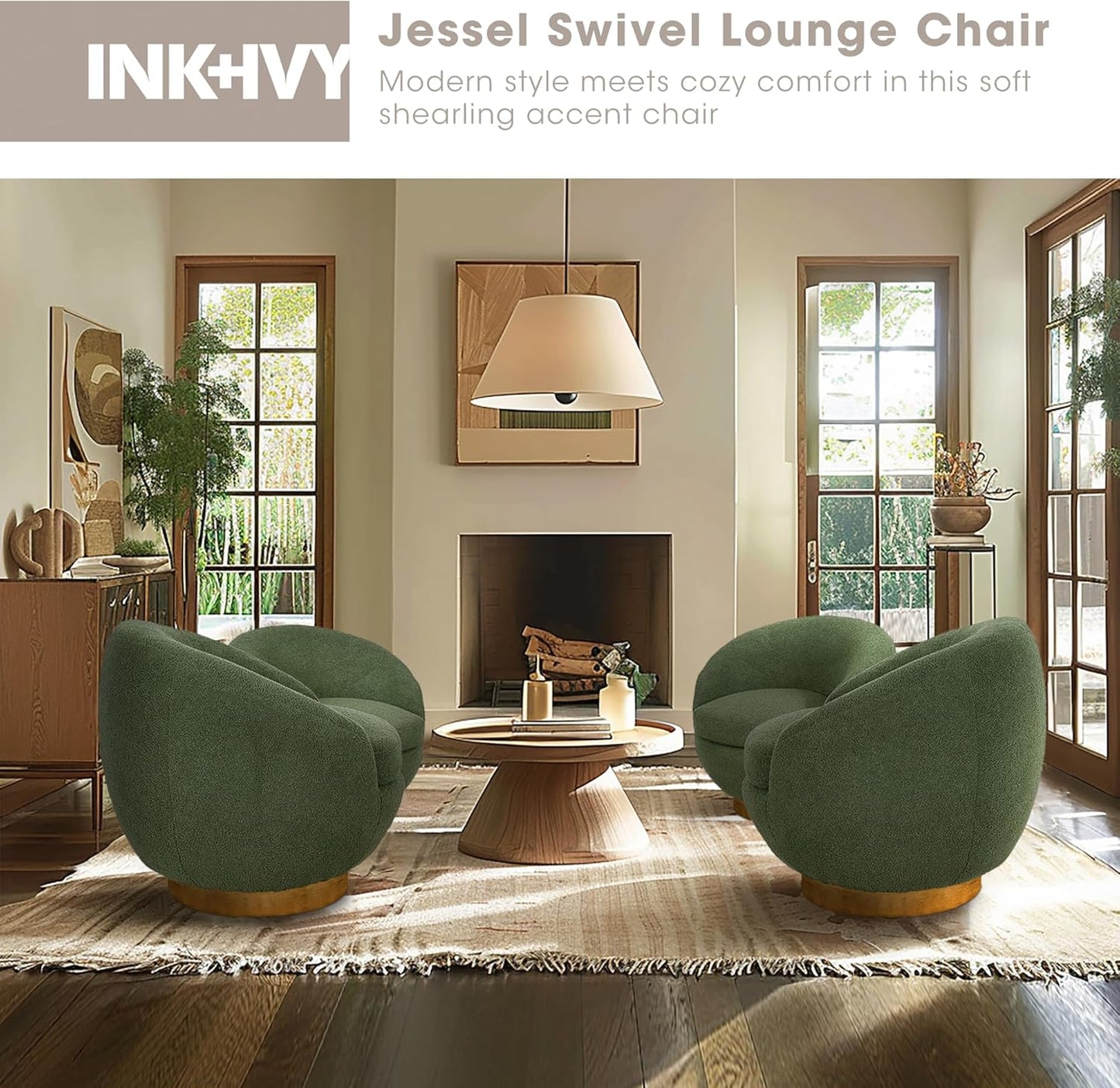 INK+IVY Jessel Swivel Accent Chair – Barrel Back Design, Sherpa Upholstery, 360-Degree Wood Base, Modern Lounge Seating for Living Room or Bedroom, 32" W, Green