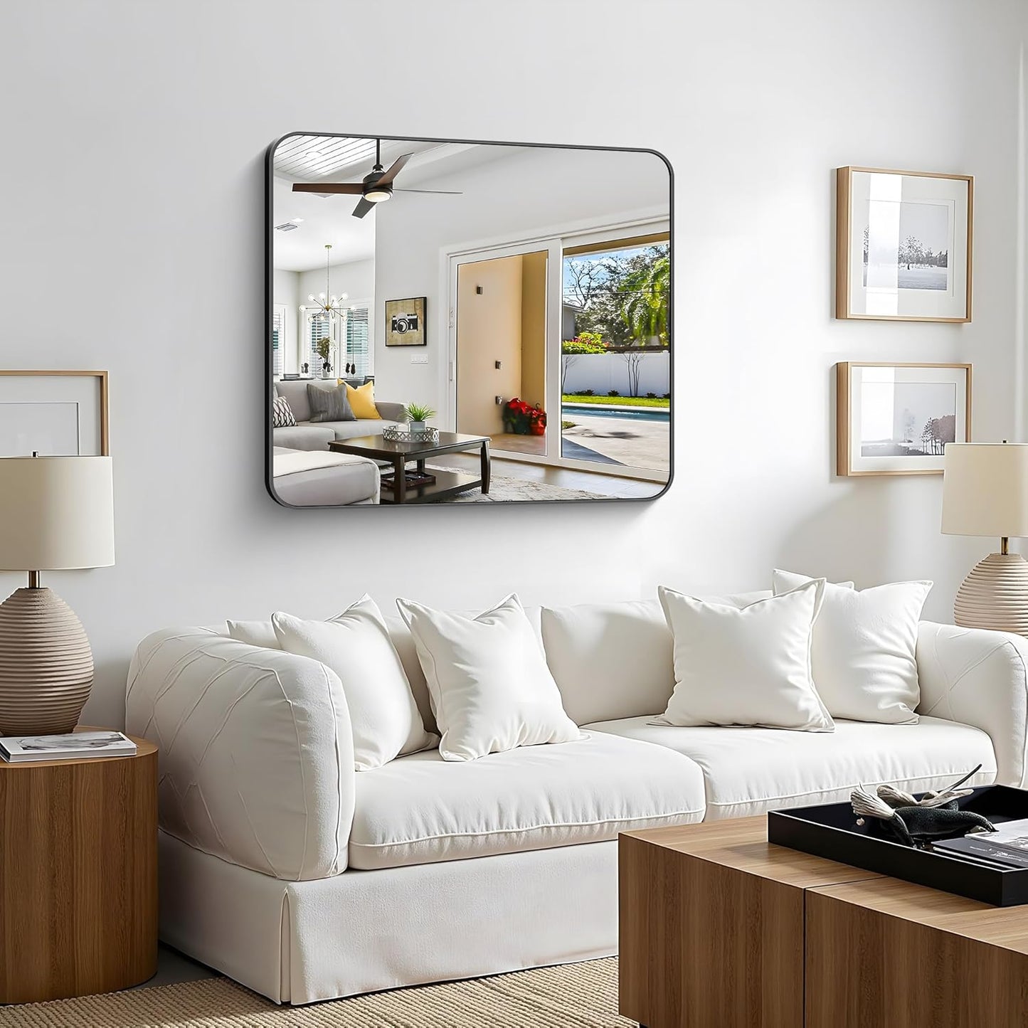 Bathroom Mirror, 36 x 30 inch Metal Framed Black Rectangle Mirror, Rounded Corner Rectangular Vanity Mirror, Wall Mounted Mirror for Modern Bedroom Living Room Hangs Horizontal or Vertical