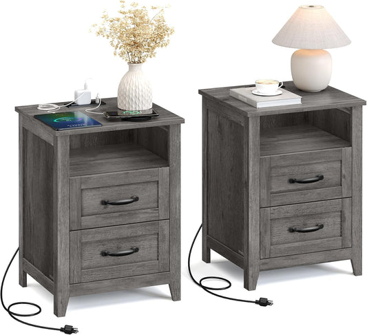 VASAGLE LIRY Collection - Farmhouse Nightstands with Charging Station, Set of 2 Bedside Tables, Side Tables with 2 Drawers, Open Compartment, for Bedroom, Misty Gray ULET869G01