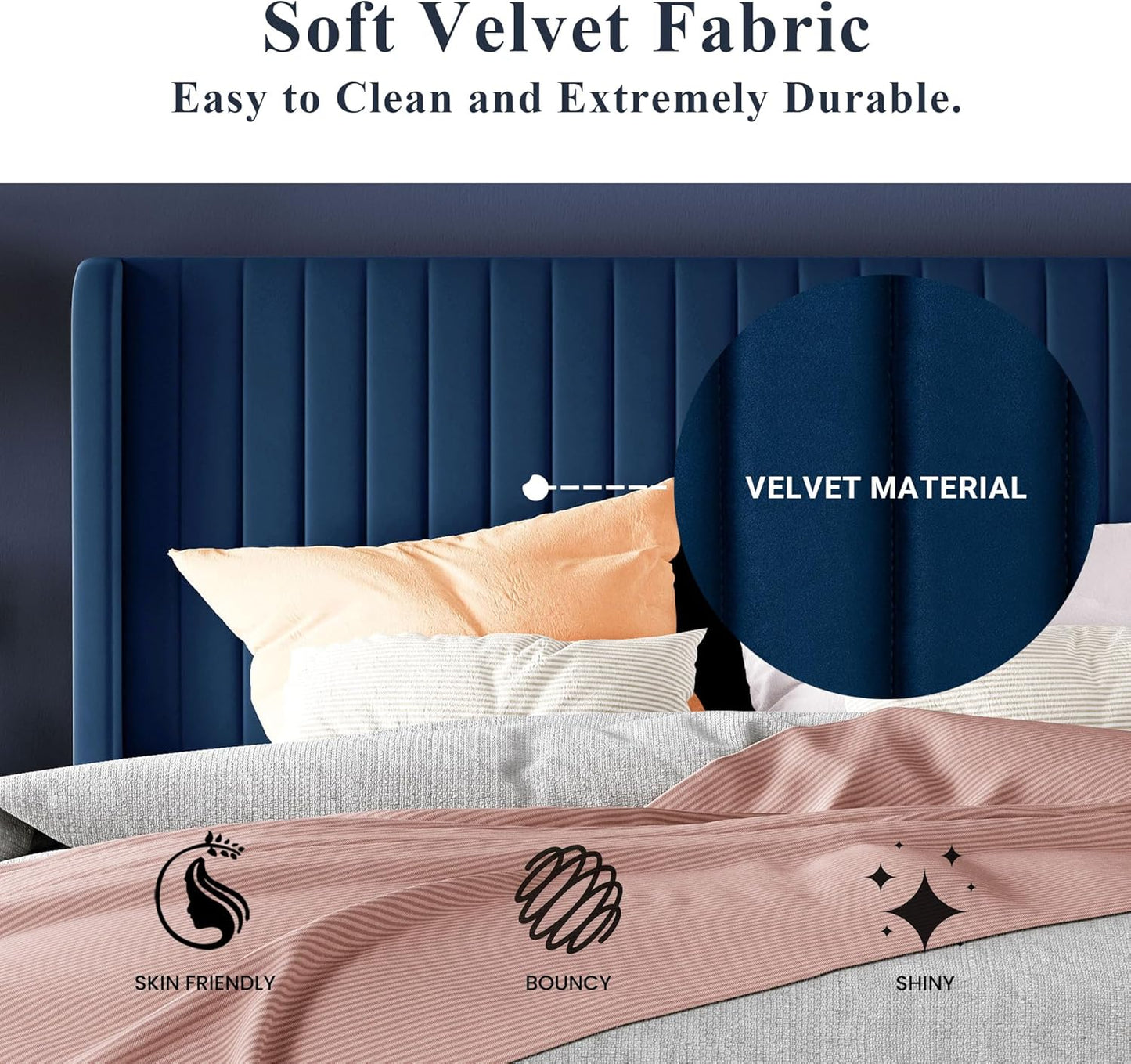 Allewie King Size Velvet Bed Frame/Vertical Channel Tufted Wingback Headboard/Upholstered Platform Bed/Strong Wooden Slats/No Box Spring Needed/Easy Assembly/Blue