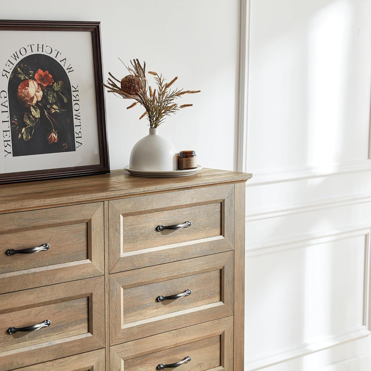 LINSY HOME Updated Dresser for Bedroom with 8 Drawers, Wide Chest of Drawers, Wooden Bedroom Dresser with 1 pcs Fabric Divider Organizer, Storage Organizer for Closet, Living Room, Rustic Oak