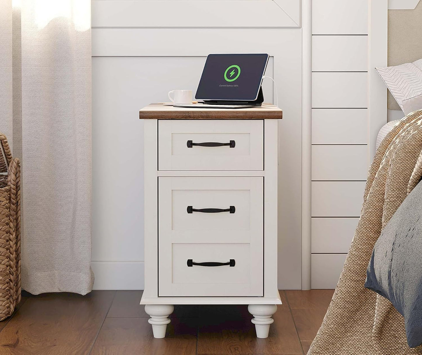 WAMPAT End Table with Charging Station, White Side Table with Storage Cabinet and Drawer, Wood Nightstand with Power Outlets & USB Ports for Bedroom, Living Room