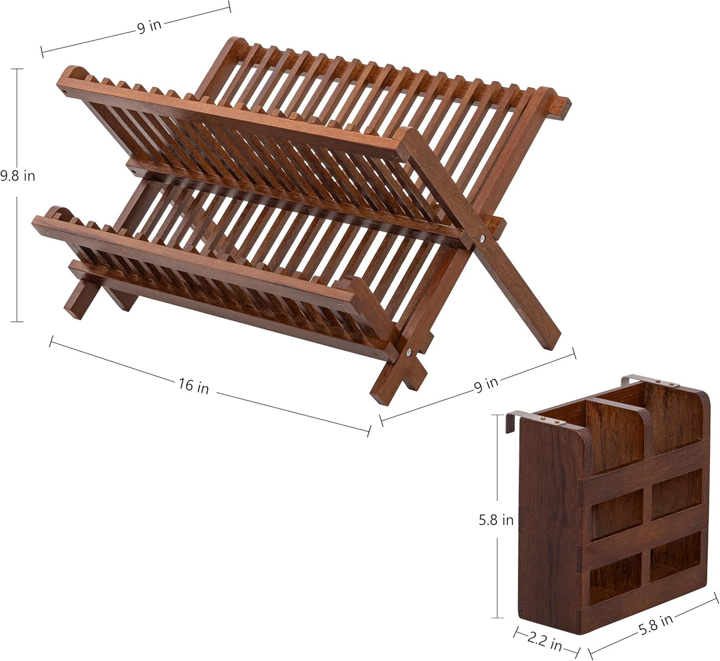 HBlife Dish Rack,Teak Folding 2-Tier Collapsible Drainer Dish Drying Rack with Utensils Flatware Holder Set