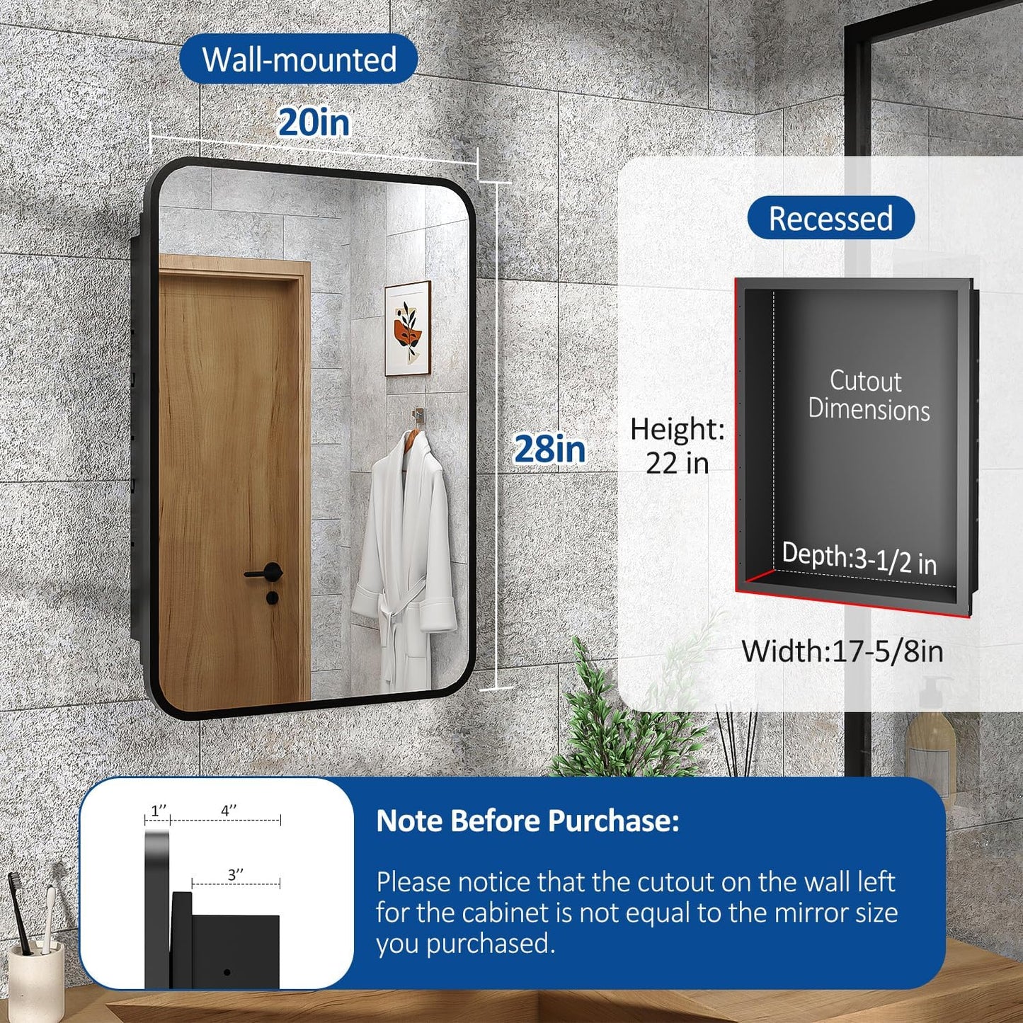 20x28 Inch Black Recessed Bathroom Medicine Cabinet with Mirror Metal Framed Farmhouse Surface Wall Mounted Mirrored Bathroom Medicine Cabinets