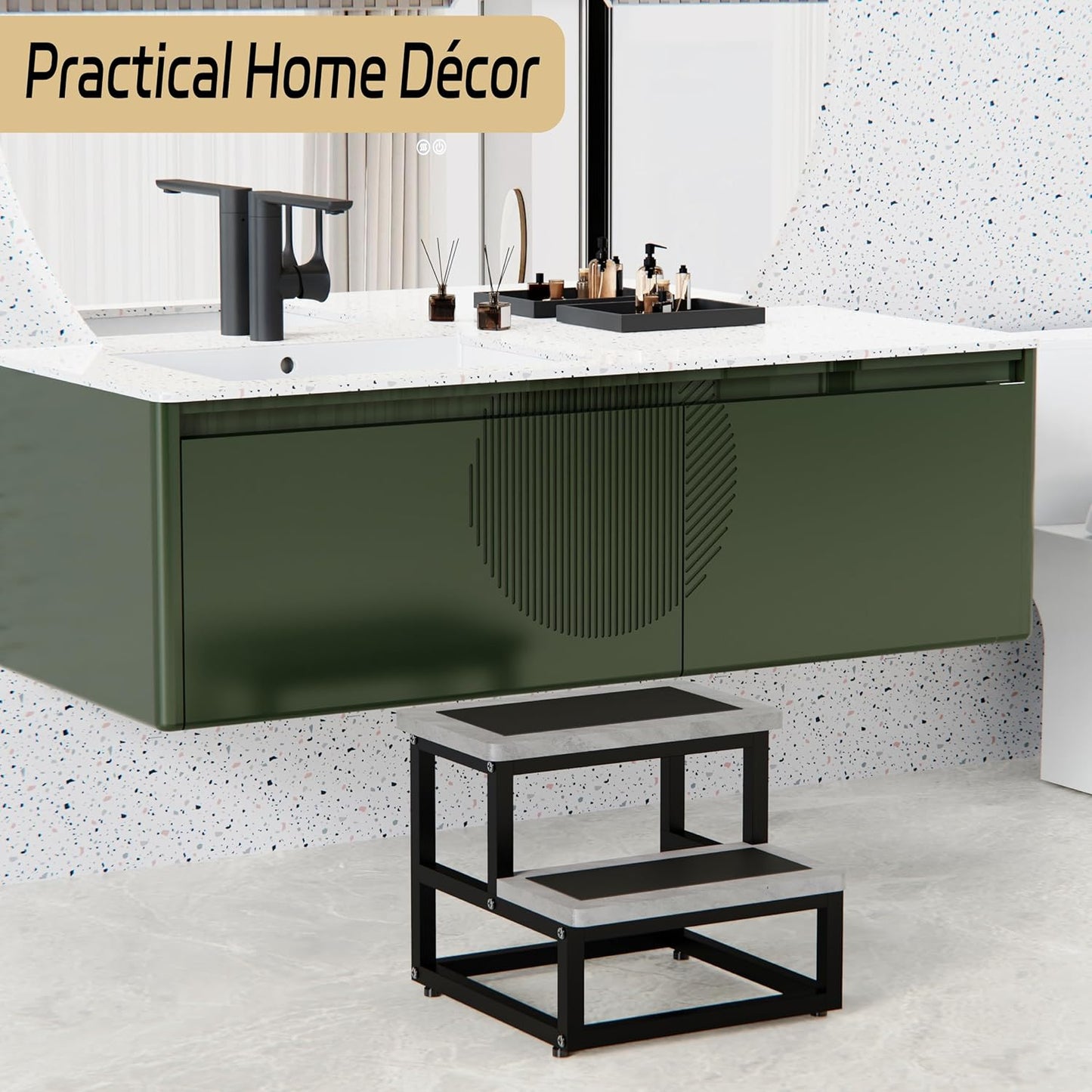 Step Stools, Heavy Duty Stepping Stool for Kids Adults, Non-Slip Metal and Wooden 2 Steps Foot Stool for High Beds and Kitchen, Round Corner, 500 Lbs Capacity, Cement Gray