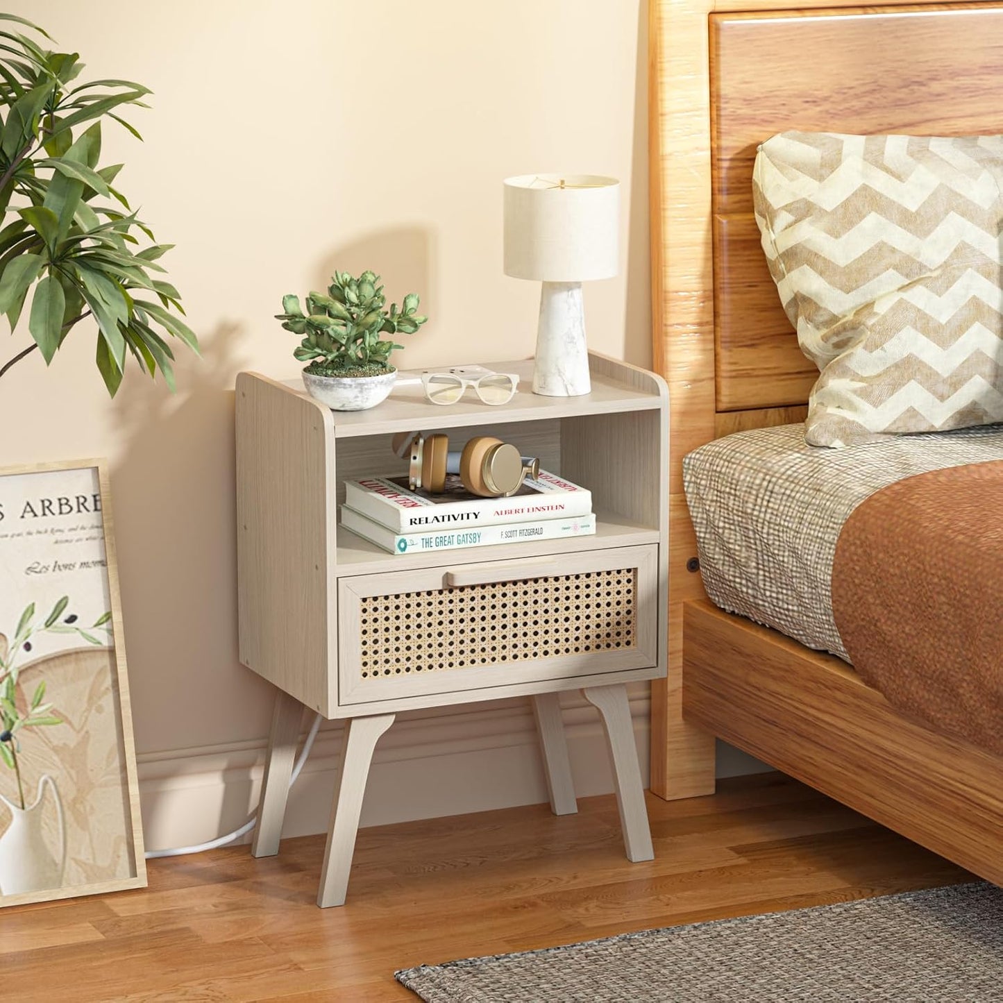 Lerliuo Rattan Nightstands Set of 2 with Charging Station, Side Table with Drawer Open Shelf, Cane Accent Bedside End Table, Night Stand for Bedroom, Dorm and Small Spaces (Grey White)