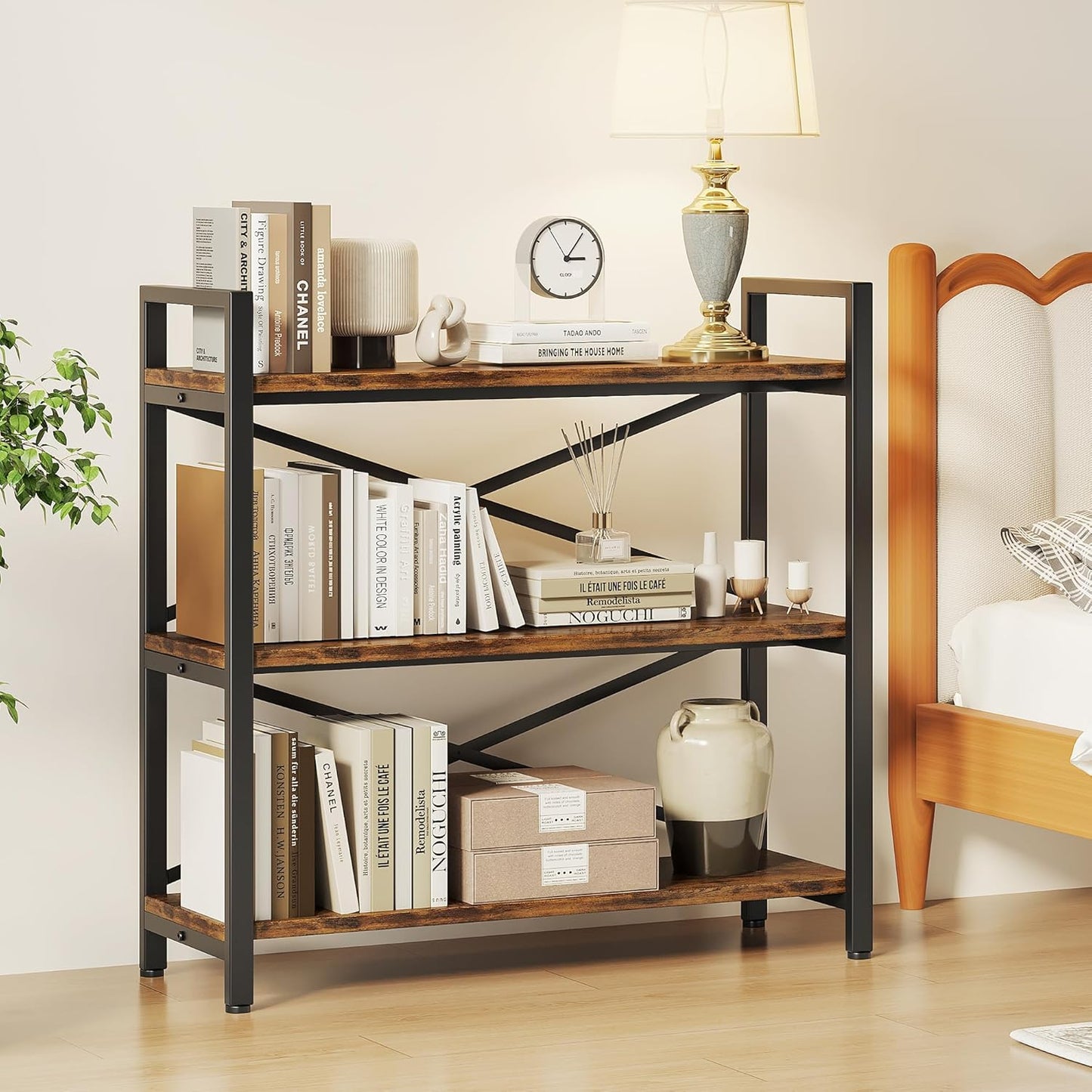 Homeiju 3 Tier Bookshelf 31.49" Width, Wood and Metal Etagere Bookcase, Vintage Farmhouse Modern Wooden Big Book Shelf for Home Living Room Bedroom Office Storage(Rustic Brown)