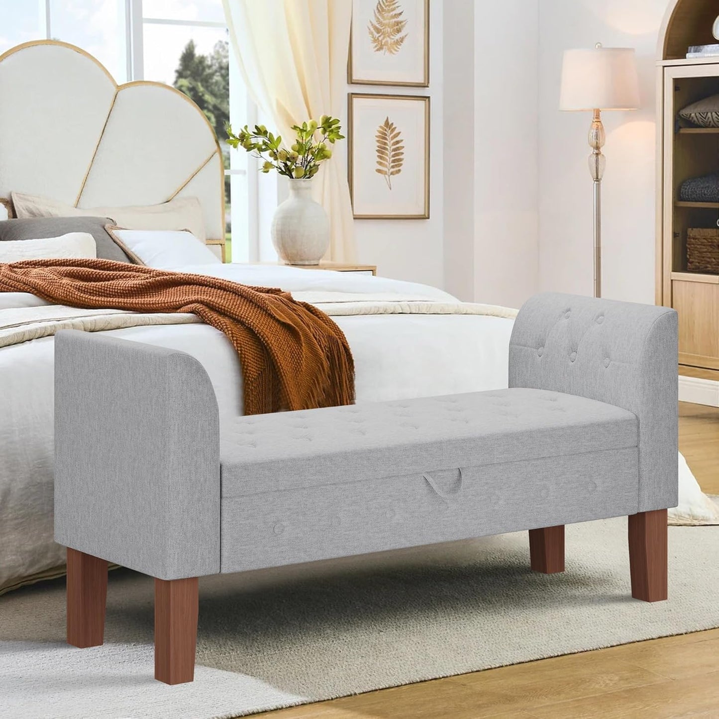 Awonde Armed Storage Bench for Bedroom Entryway Living Room Upholstered Tufted Ottoman Bench Gray