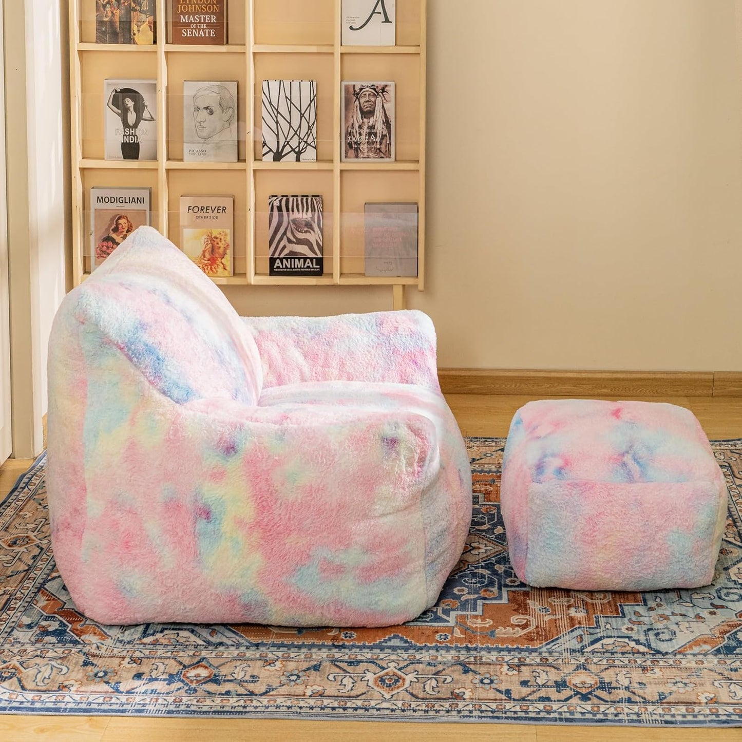 Bean Bag Chair, Sherpa Accent Beanbag Chair and Ottoman Set, Fur Faux BeanBag Chair with Memory Foam Filled, Lazy Sofa Comfy Cozy BeanBag Chair for Dorm, Apartment, Living Room (Colorful)