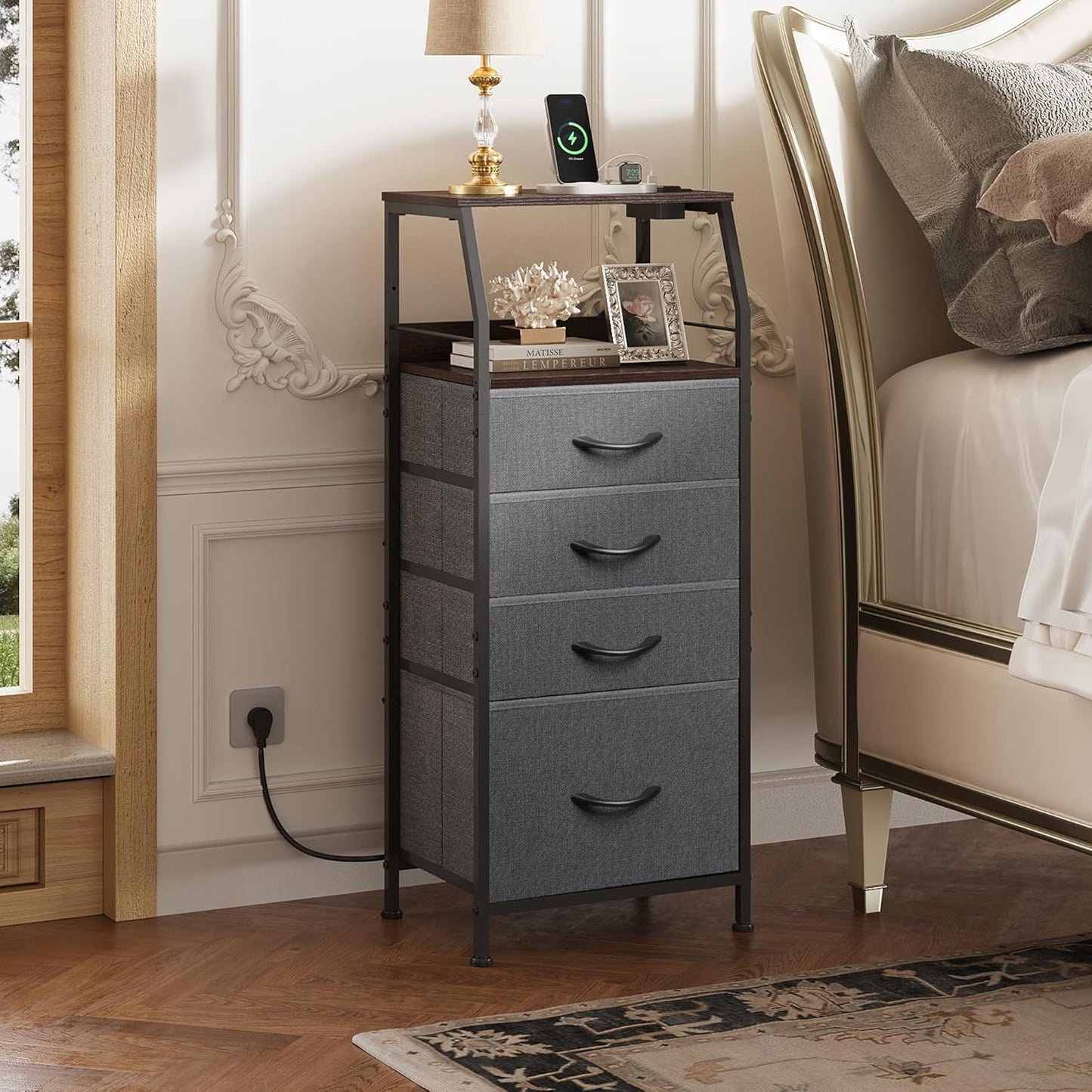 WLIVE Nightstand with Charging Station, Night Stand with LED Light, Tall 4 Drawer Dresser for Bedroom, 37" H Bedside Table with Fabric Storage Bins, Open Wood Shelf, Metal Frame, Dark Grey