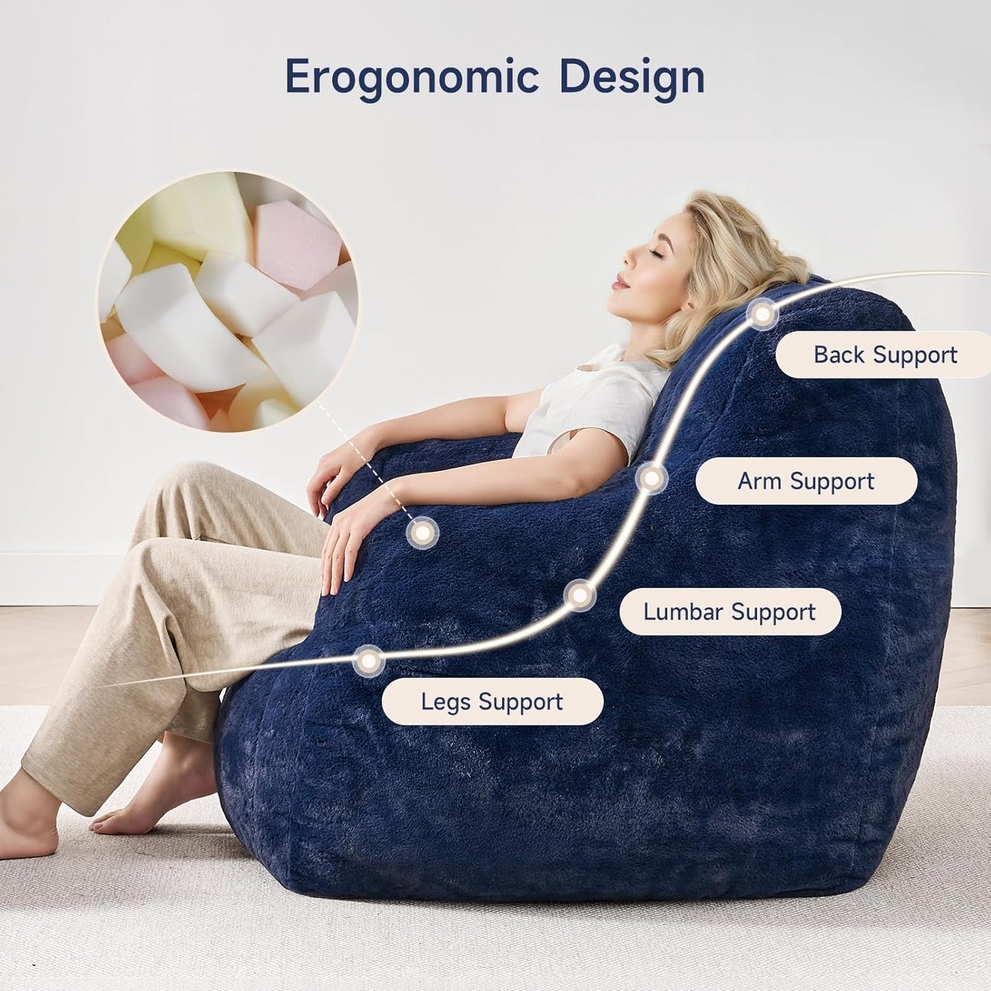 Giant Bean Bag Chairs for Adults with Ottoman, Faux Fur Boneless Chaise Couch Filler with Memory Foam,Large BeanBag Lounge Lazy Floor Sofa Accent Chair for Living Room,Bedroom & Game Rooms