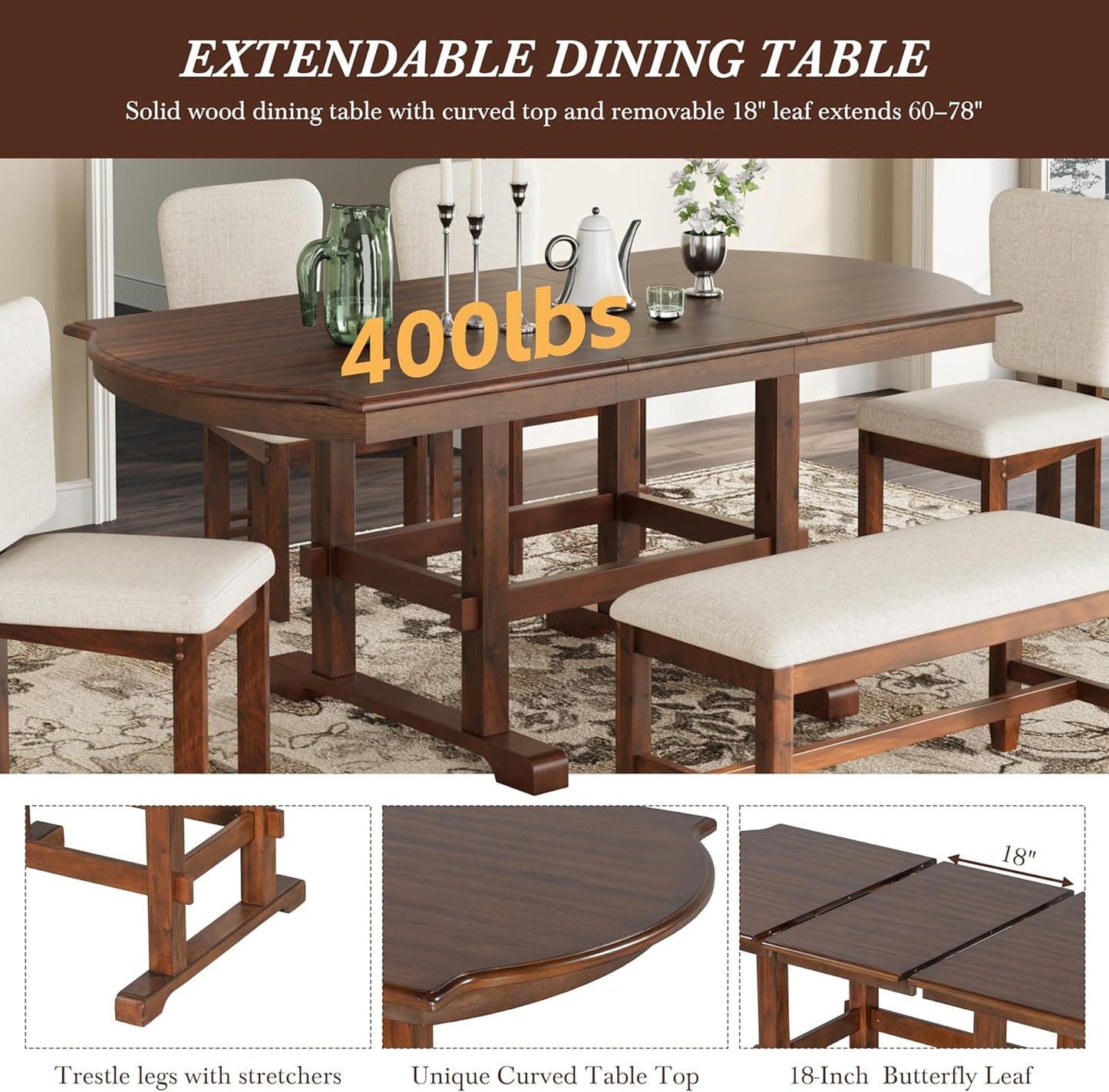 Ball & Cast 6 Pieces 78inch Extendable Wood Dining Table Set with Bench,Traditional Kitchen Table Set w/ 18inch Removable Leaf and 4 Upholstered Dining Chairs,for 5 People Dining Room,Espresso+Beige