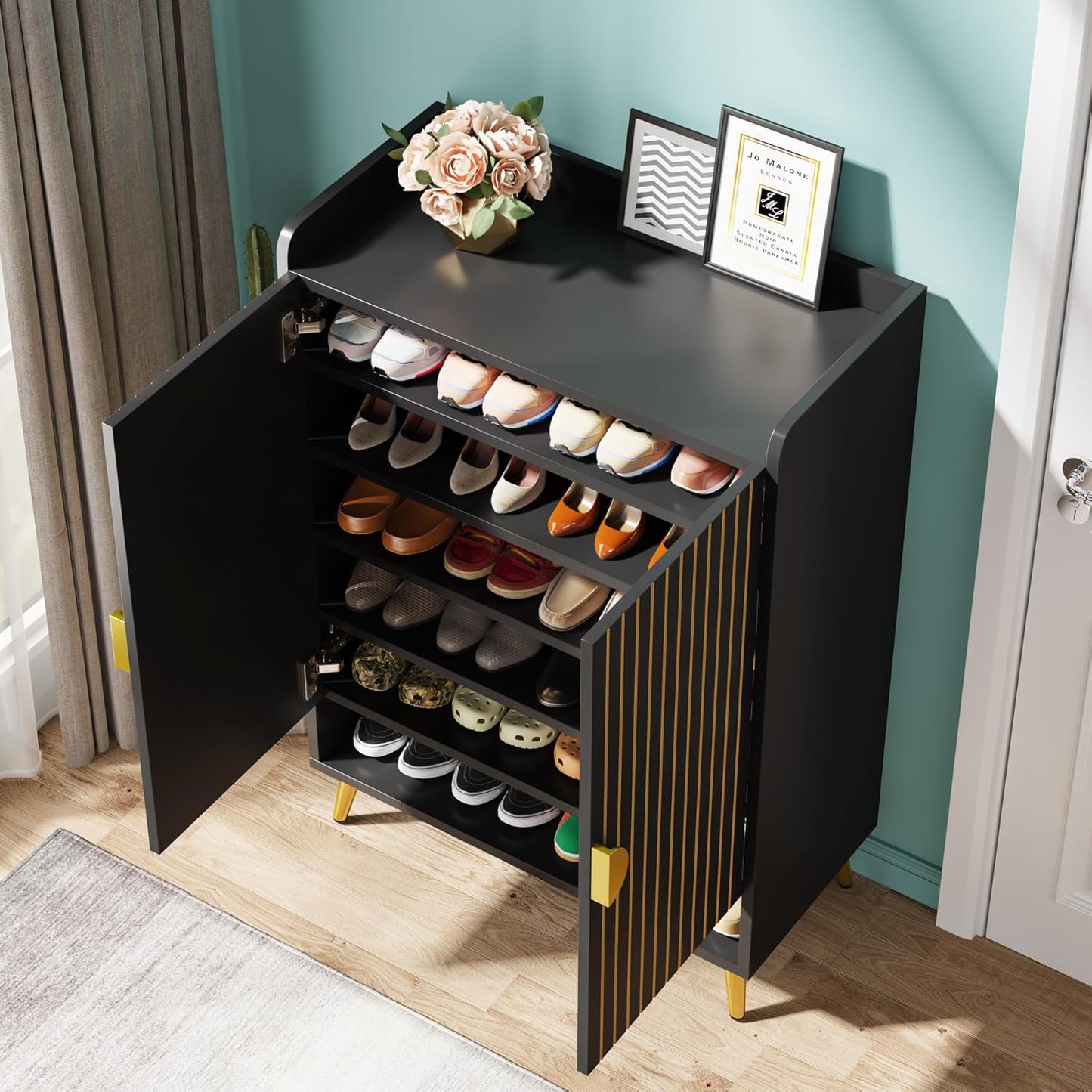 Tribesigns Shoe Cabinet with Doors, 7-Tier Shoe Storage Cabinet with Adjustable Shelves, Wooden Shoes Rack Shoe Storage Organizer for Entryway, Hallway, Closet, Living Room, Black