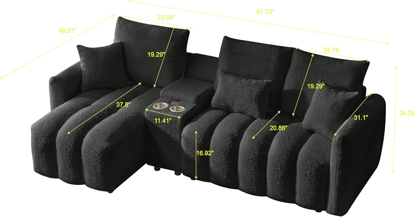 92-Inch Teddy Boucle Tufted Sofa Couch with Storage Console and Chaise Lounge, L-Shaped Left Facing Corner Sectional Sofa Couch with Cupholders, USB Ports and Golden Accent for Living Room Office