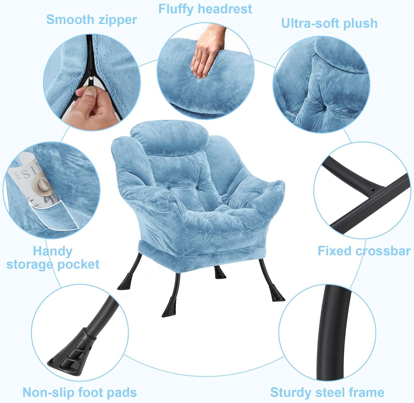 Fabric Lazy Chair for Adults, Oversized Upholstered Sofa Chair, Plush Comfy Lounge Chair with Large Side Storage Pocket, Thick Padded Reading Chair for Living Room, Bedroom, Study Room, Blue