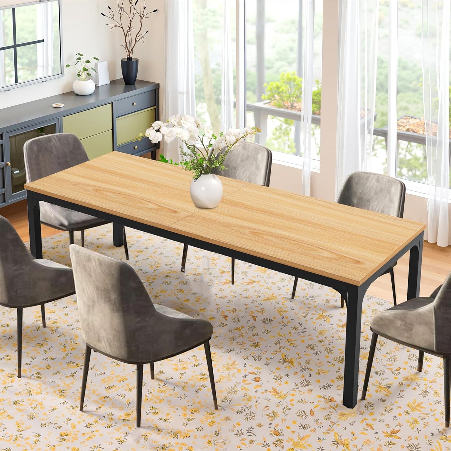 Rectangular Dining Table for 6-8, 78-Inch Modern Dinner Table Wooden Kitchen Tables with Metal Frame for Dining Room, Kitchen, Living Room, Light Walnut