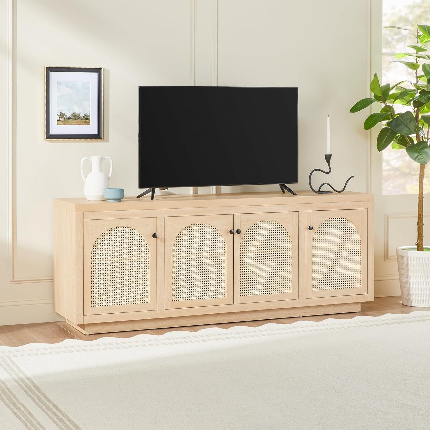 Walker Edison Sasha 4-Door Sideboard Buffet with Arched Rattan Panels, 70 Inch, Coastal Oak