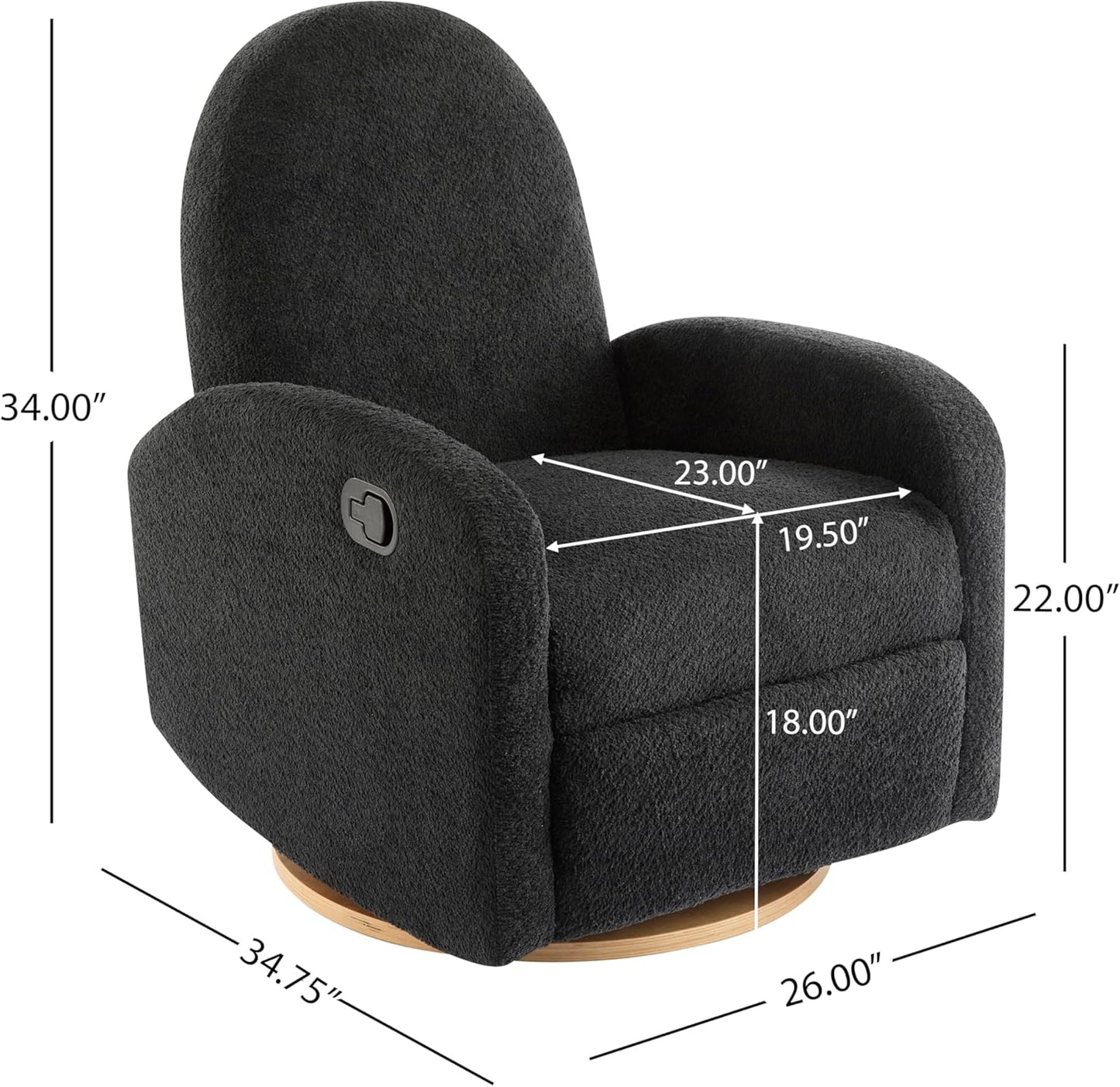 Christopher Knight Home Sidney Fabric Upholstered 360° Swivel Chair, Boucle Push-Back Recliner, Solid Wood Glider Recliner with Rotation, Living Room Lounge Sofa, Adjustable Comfy Reading Chair,Black