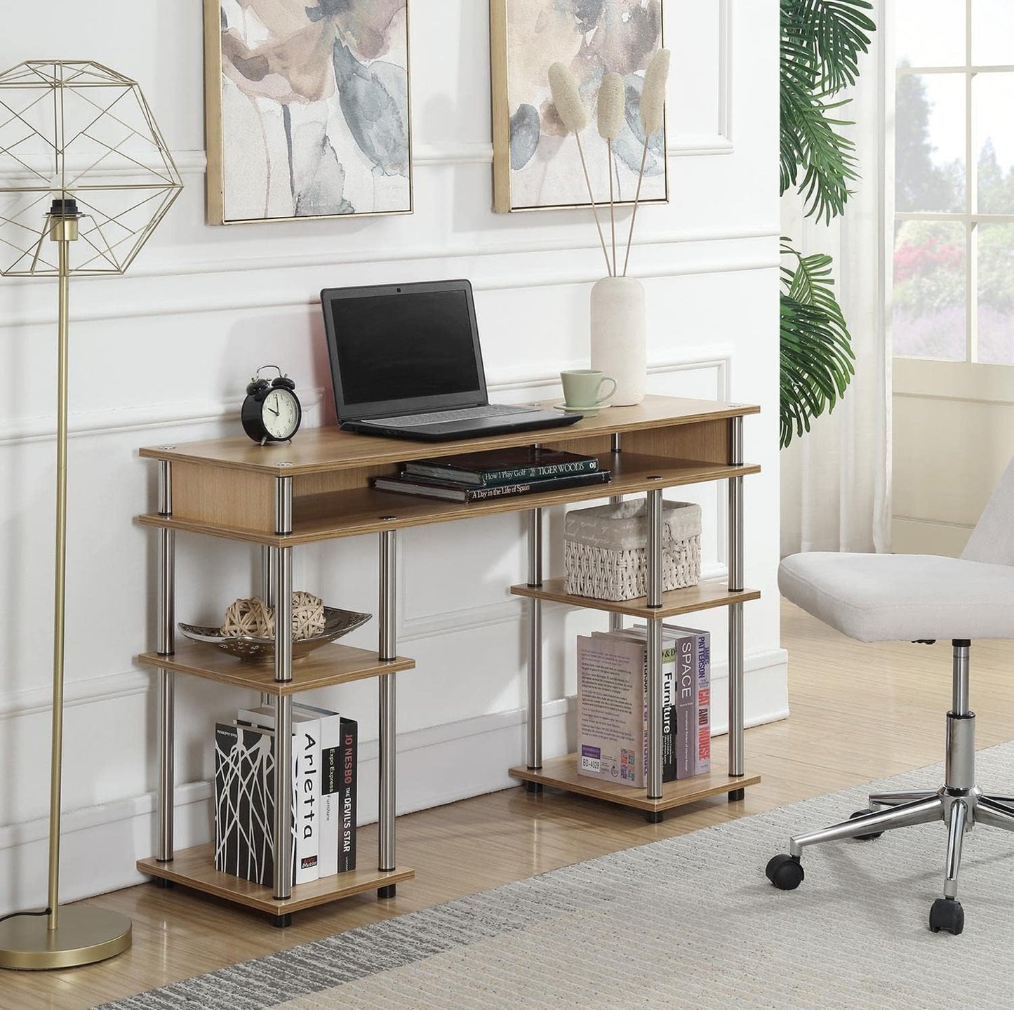 Convenience Concepts Designs2Go No Tools Desk Home Office Desk with Shelves, Corner Shelf Vanity Desk Computer Desk Nail Table for Nail Tech - 47.25" L x 15.75" W x 30" H, Light Oak