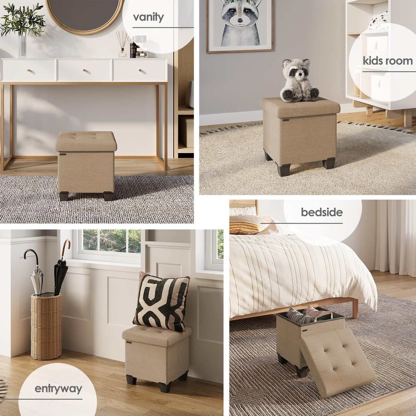 STORAGEBUD Storage Ottoman Cube with Small Bin, 16-in Square Ottoman with Storage for Living Room and Bedroom, Small Ottomans Foot Rest, Fabric Foot Stools Ottomans Max 330lbs, Taupe