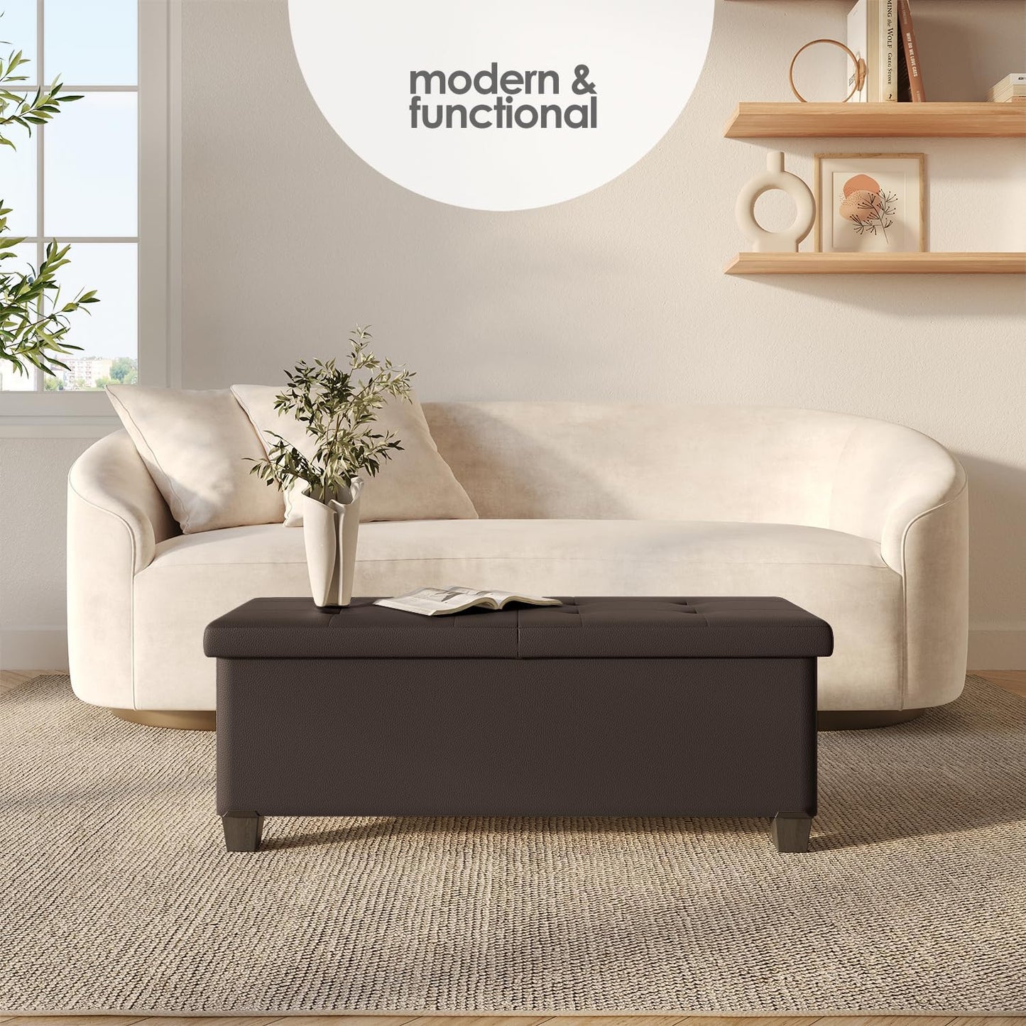 STORAGEBUD Storage Ottoman Bench with Bins, 43-in Storage Bench for Bedroom End of Bed, Folding Foot Rest Ottoman for Living Room Max 660lbs, Faux Leather Ottomans, Brown