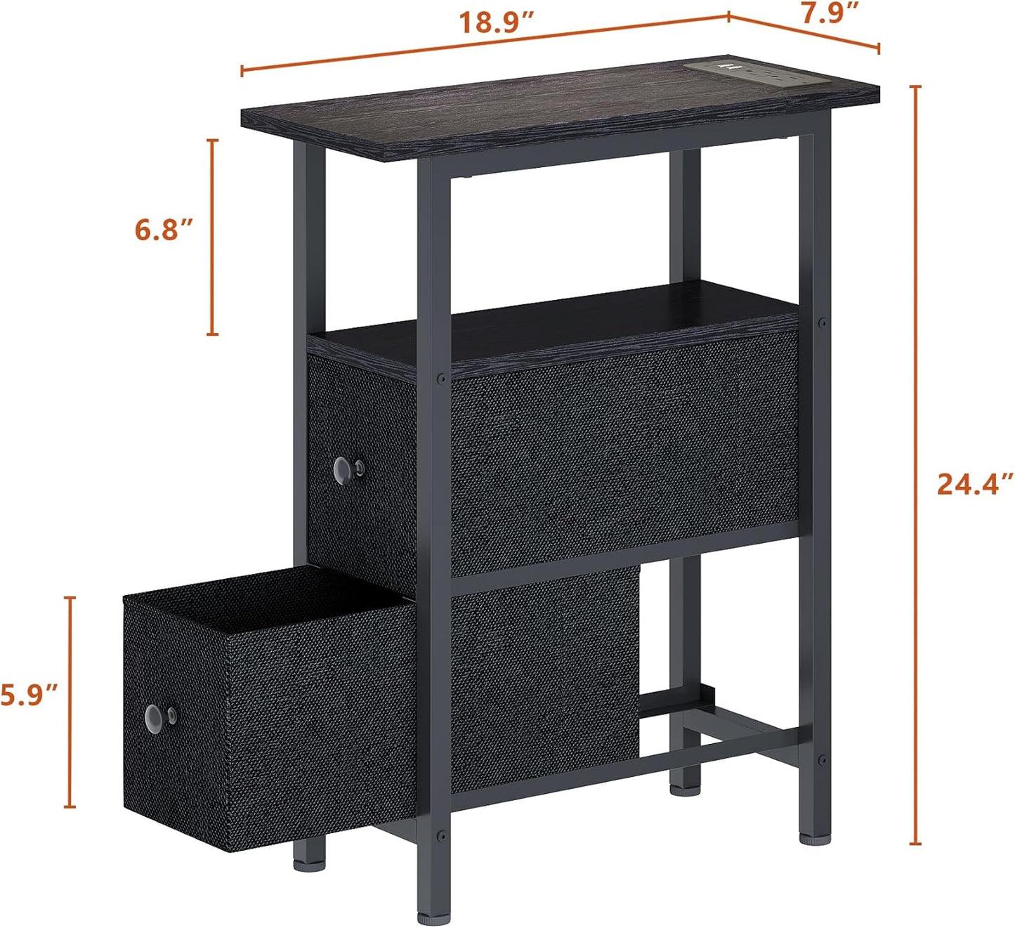 End Table Set 2 with Charging Station, Narrow Side Table with 2 Fabric Drawers, Skinny Nightstand with LED Light, Slim Bedside Table for Bedroom, Living Room, Small Spaces, Black