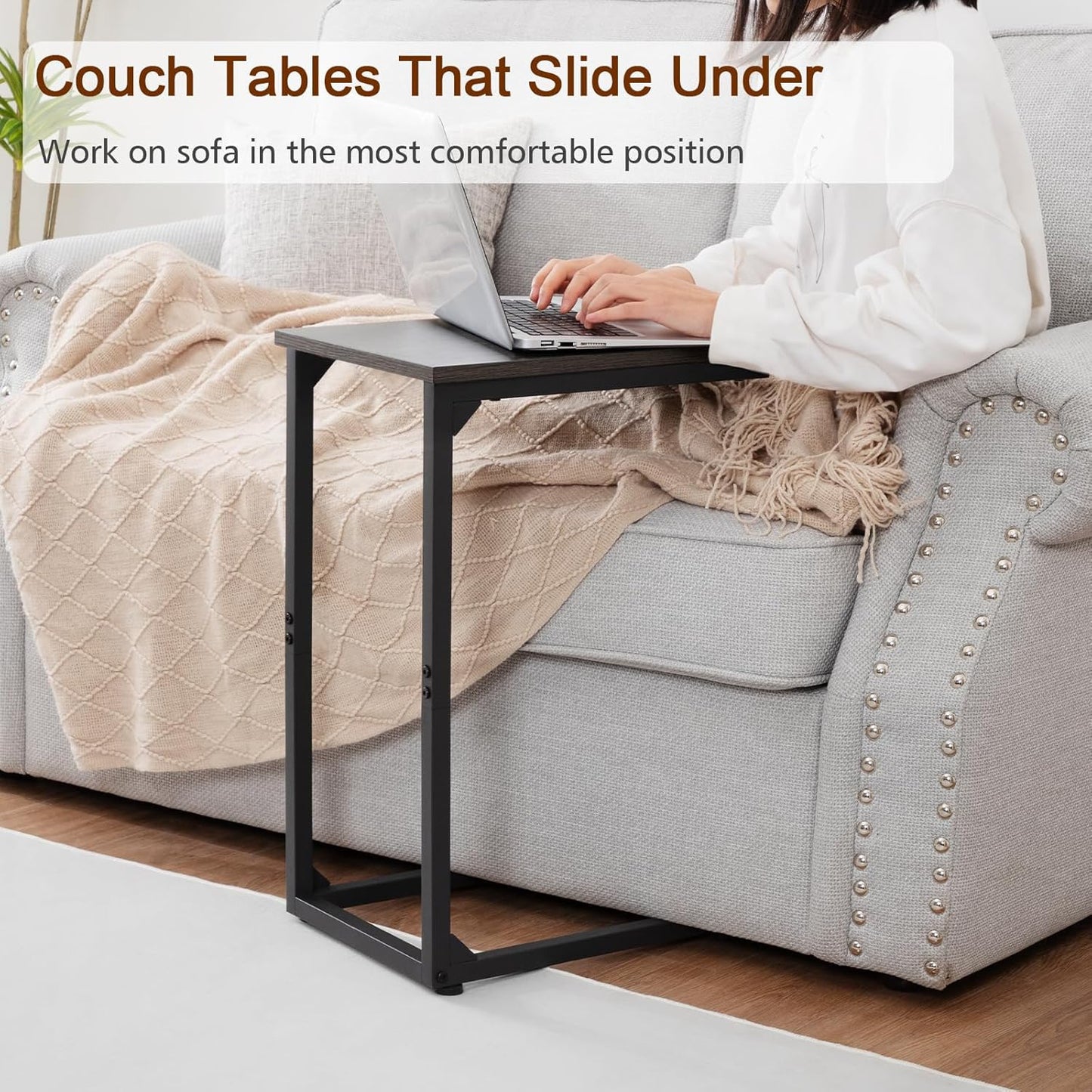 AMHANCIBLE C Shaped End Table Set of 2, Couch Tables That Slide Under, TV Tray Snack Table for Sofa, Small Side Table for Couch, Small Space, Living Room, Dark Grey, HET02CDG