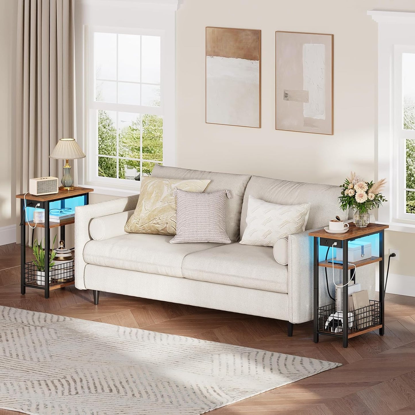 HOOBRO Narrow Side Table with Charging Station and LED Light, Small End Table with Storage, Skinny Nightstand with USB Port, Slim Bedside Table for Small Spaces, Living Room, Rustic Brown BF242UDBZ01