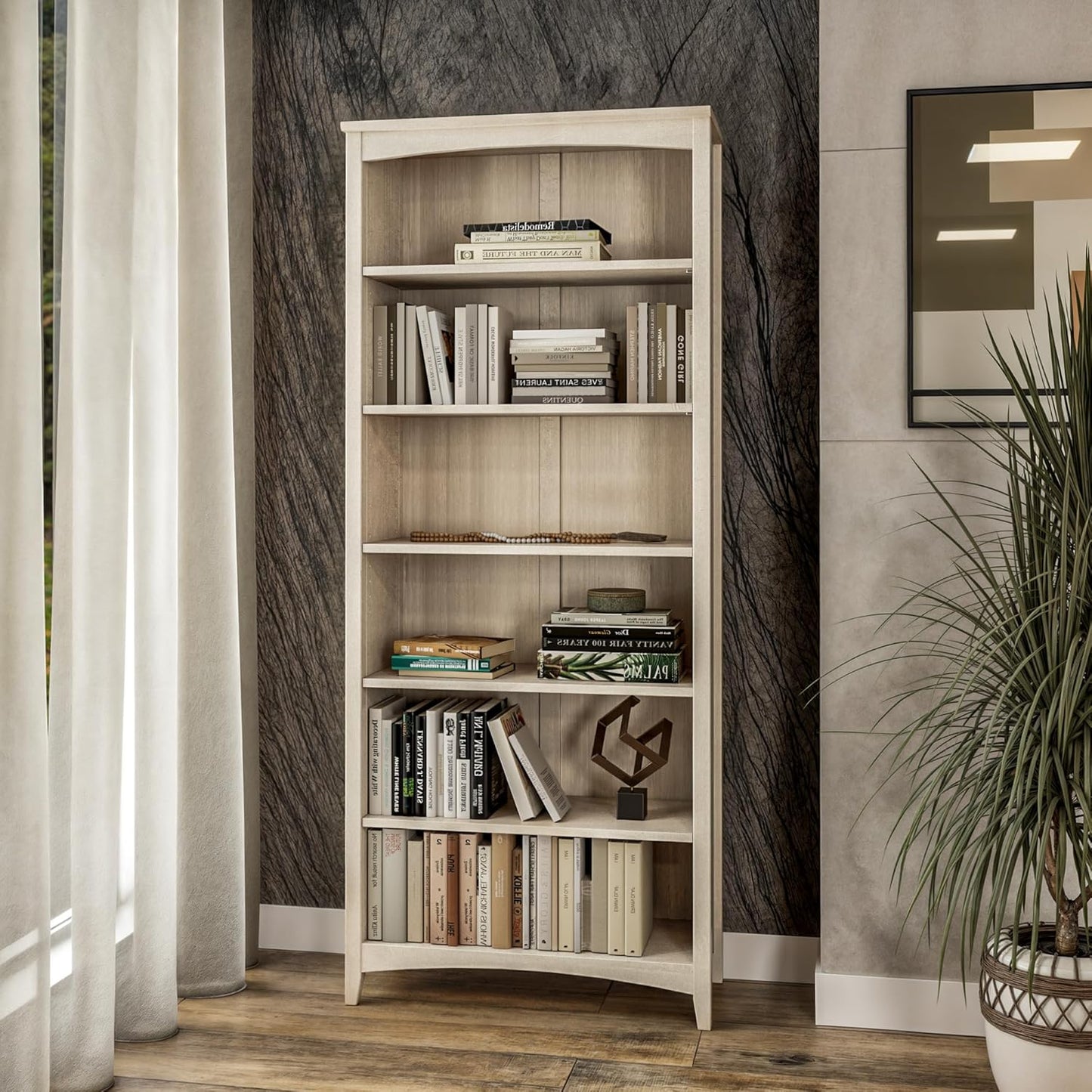 Camaflexi Shaker Style 6 Shelf Bookcase/Solid Wood / 72 inch Tall/Adjustable Shelving/Closed Back/Display Bookshelf for Living Room, Bedroom, Home and Office, Light Oak