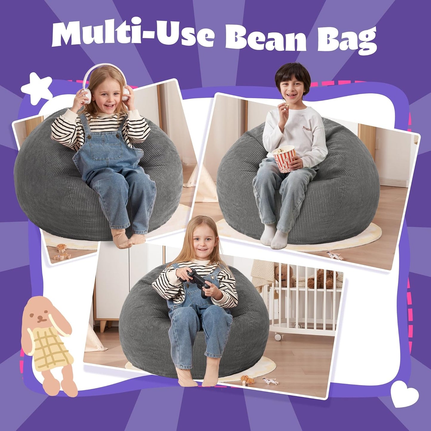 HABUTWAY 2 FT Bean Bag Chair,Giant Bean Bag Chairs,Big Bean Bags with Memory Foam Filled, Large Beanbag Chairs with Soft Corduroy Cover-Grey