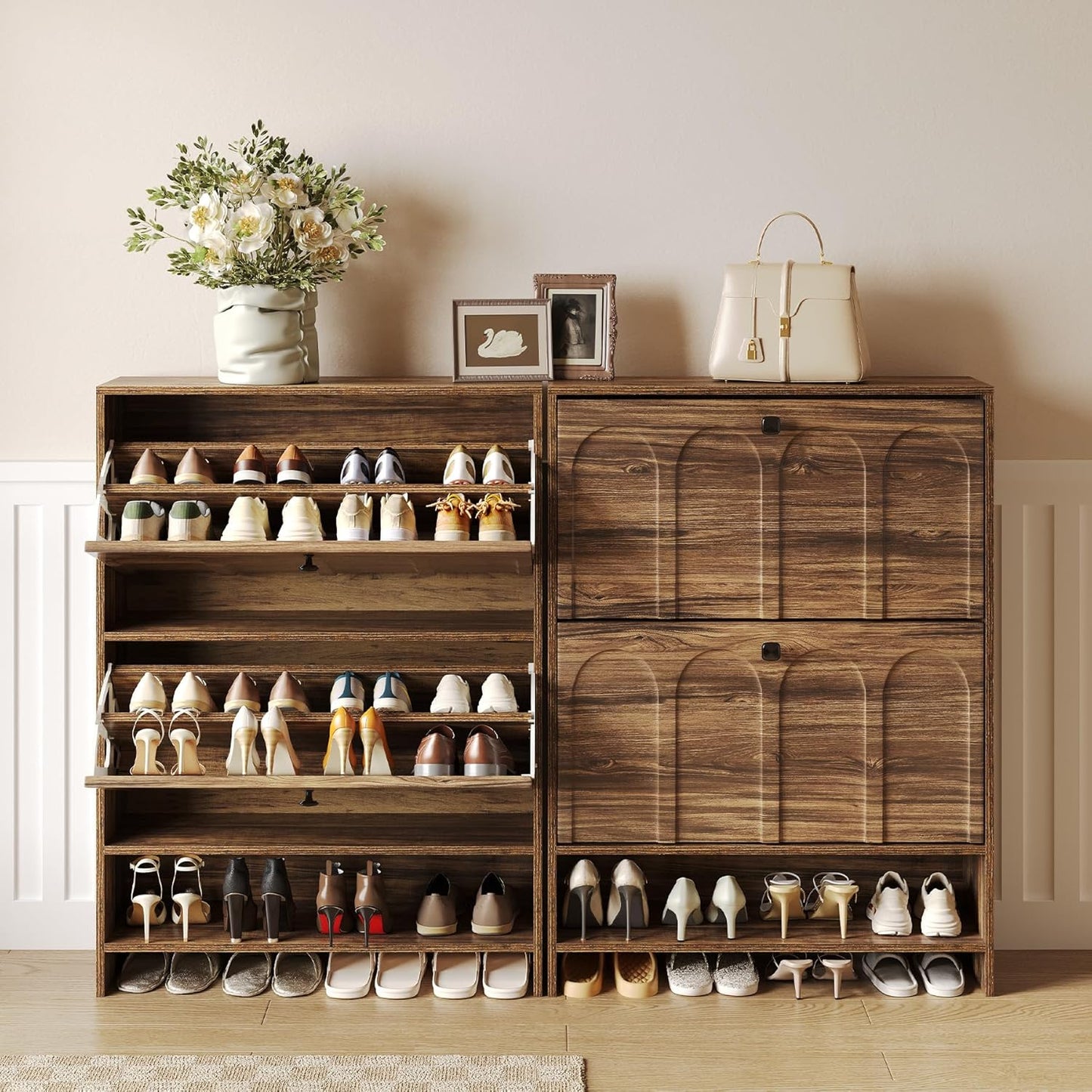 LITTLE TREE Shoe Cabinet Storage for Entryway with 2 Flip Drawers, Narrow Hidden Freestanding Organizer, Skinny Farmhouse Shoes Closet with Rack, for Entryway,Hallway, Living Room,Rustic Brown