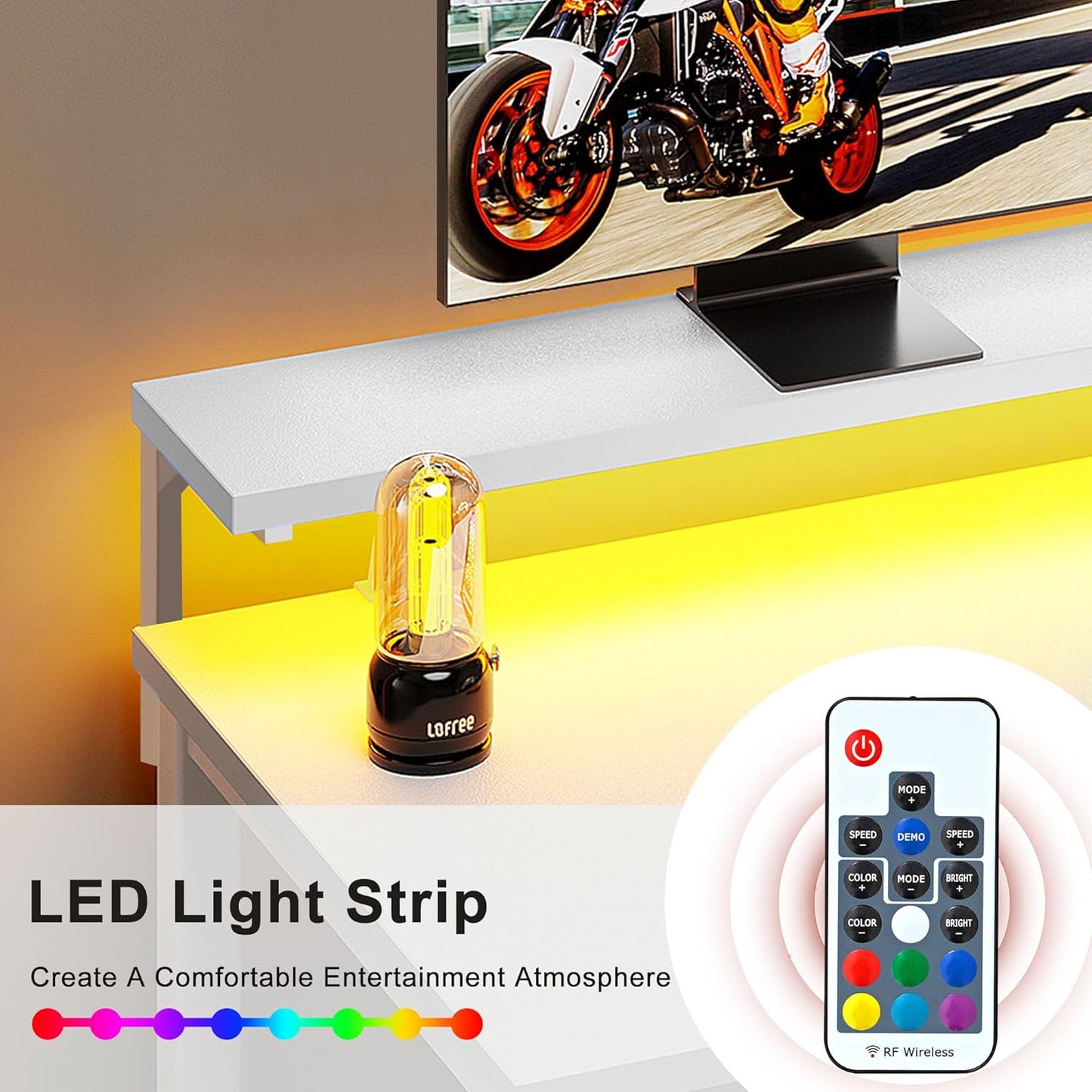 Need 60 inch Computer Desk with LED Lights & Power Outlets, Large Home Desk with Monitor Shelf, Writing Table Gaming Desk Home Office Desk, White