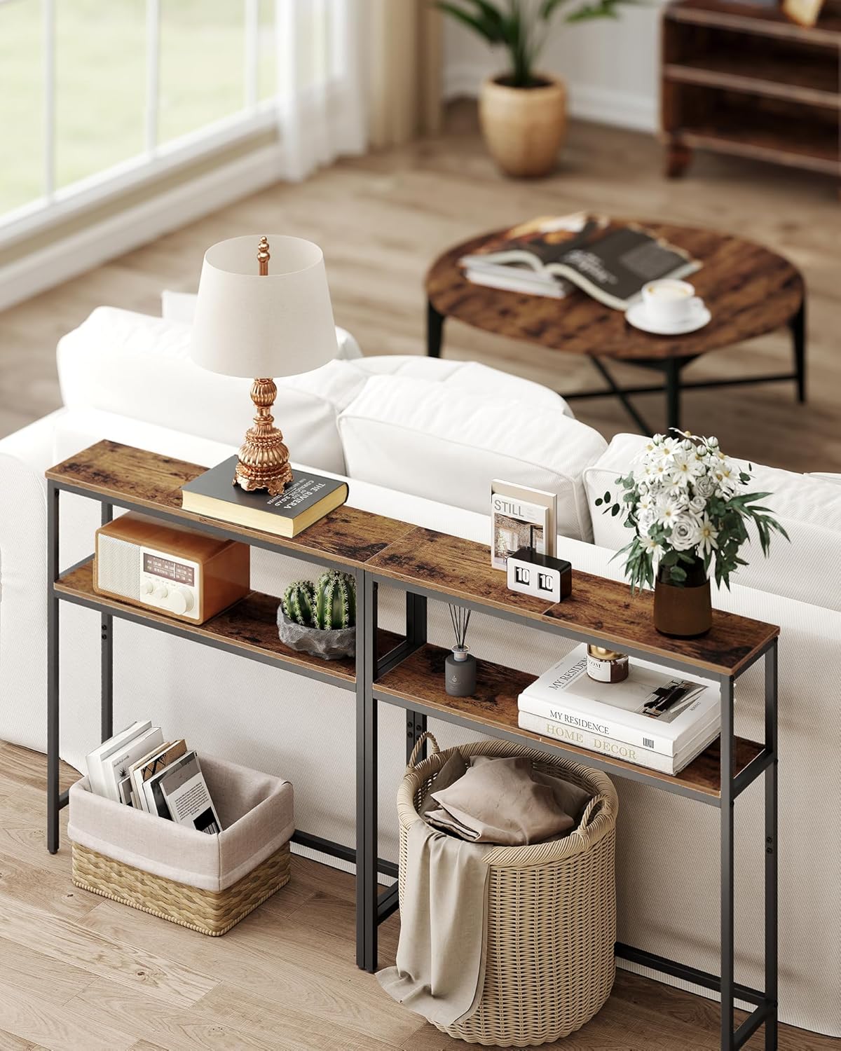 VASAGLE Console Table, 2-Tier Narrow Sofa Table with 2 Shelves, 7.9 x 31.5 x 31.5 Inches, for Living Room, Hallway, Entryway, Rustic Brown and Ink Black ULNT130K01V1