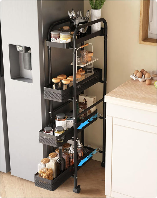 UMDONX Slim Storage Cart 4 Tier with Pull Out Basket Bathroom Organizer Rolling cart, Rolling Utility Cart Slide Out Organizer for Kitchen, Bathroom, Laundry Black