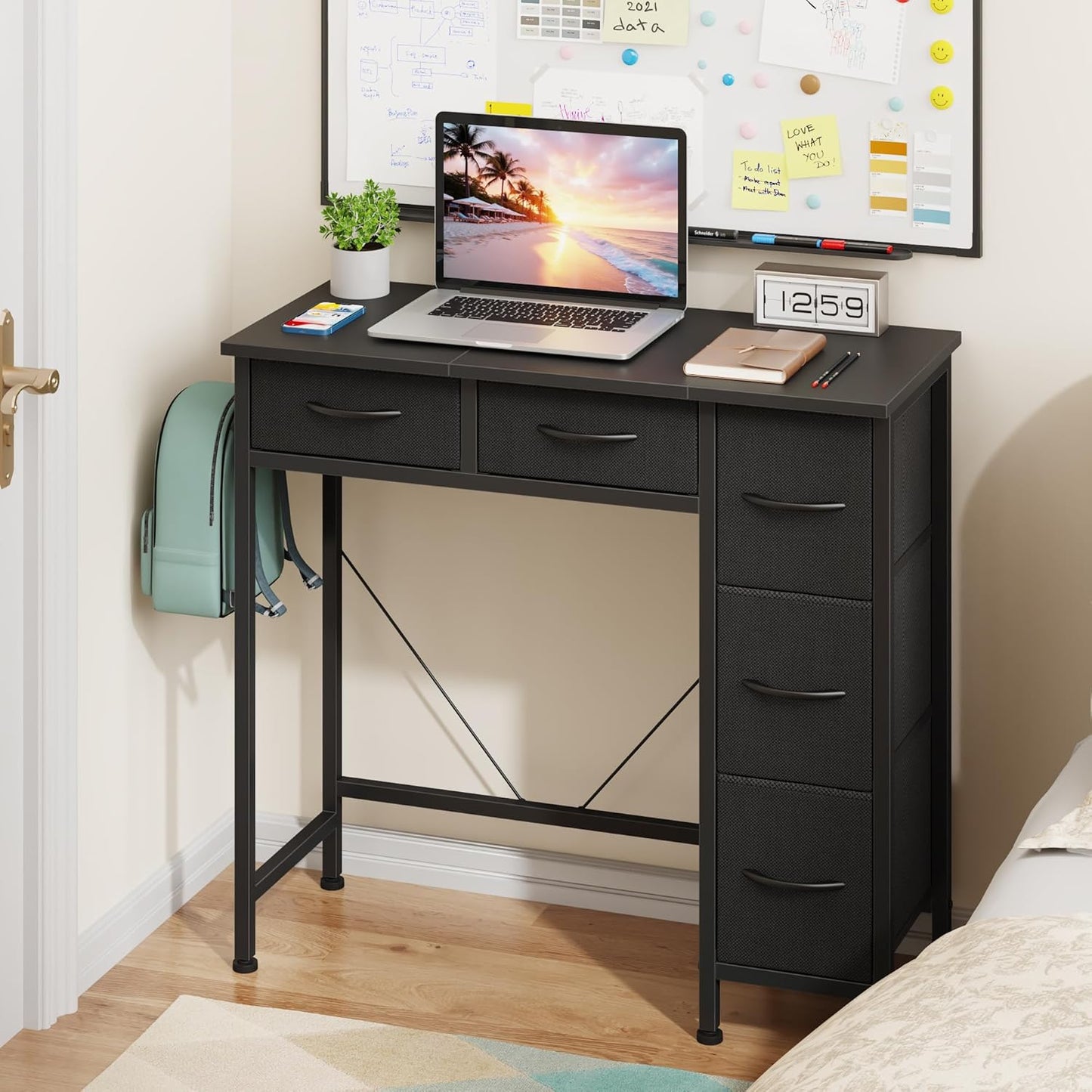 Small Computer Desk with 5 Fabric Drawers, 33 Inch Writing Desk for Home Office, Simple PC Desks for Small Place, Kids Girls Teen Study Table Vanity for Bedroom Dorm, Black